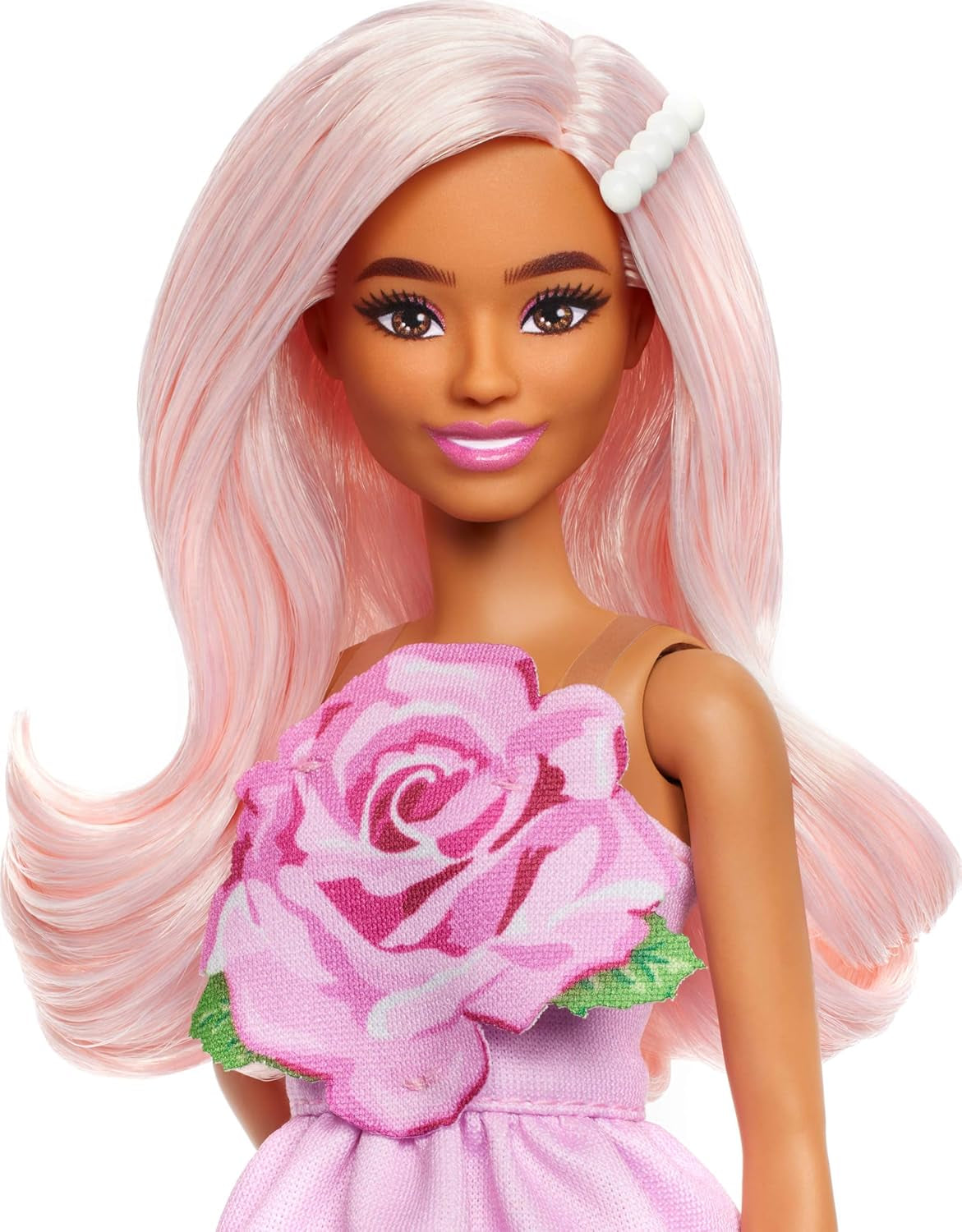 Bambola Barbie Fashionistas n. 238 con capelli rosa pastello, vestito senza spalline con top rosa, fermaglio per capelli con perle e tacchi alti con listini, HYT94 Naty Shop Dolls