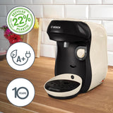 Bosch Tassimo Happy Friendly TAS107E Macchina per caffè a capsule, 70+ bevande, Adatta a tutte le tazze, Arresto automatico, Sostenibile, Dosaggio perfetto, Salvaspazio, 1400 W, Crema/Nero