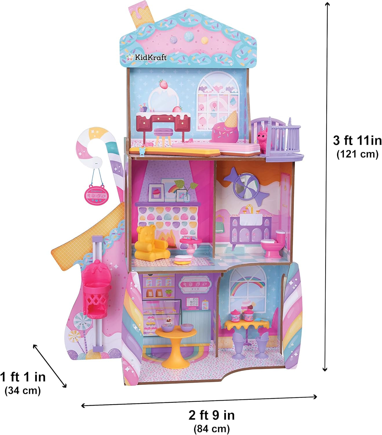 Kidkraft Candy Castle Casa delle Bambole in Legno con Mobili e Accessori, Casetta Lama Unicorno, Sollevatore Torta Gelato e Sedia in Gomma per Bambole, Giocattolo per 3 Anni, 20242 Naty Shop Dollhouses