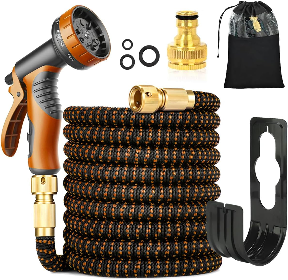 Tubo da giardino flessibile verde da 30 m/100 piedi con ugello di spruzzatura e connettori in ottone da 3/4" e 1/2" 10 funzioni Tubo dell'acqua estensibile a 3 pieghe senza attorcigliamenti per pavimento da giardino, patio, auto