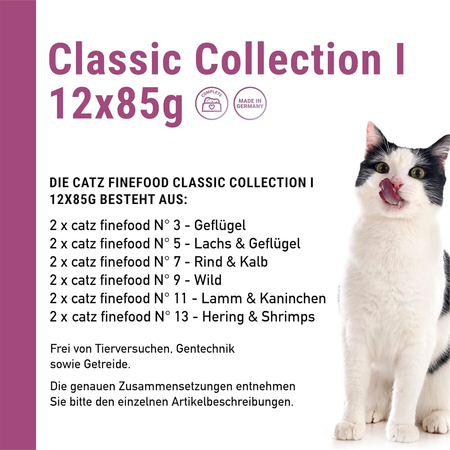 Catz Finefood Classic Collection Confezione mista Cibo umido per gatti - Cibo umido gourmet per il tuo gatto, senza cereali e senza zucchero, con un alto contenuto di carne, 24 bustine x 85 g