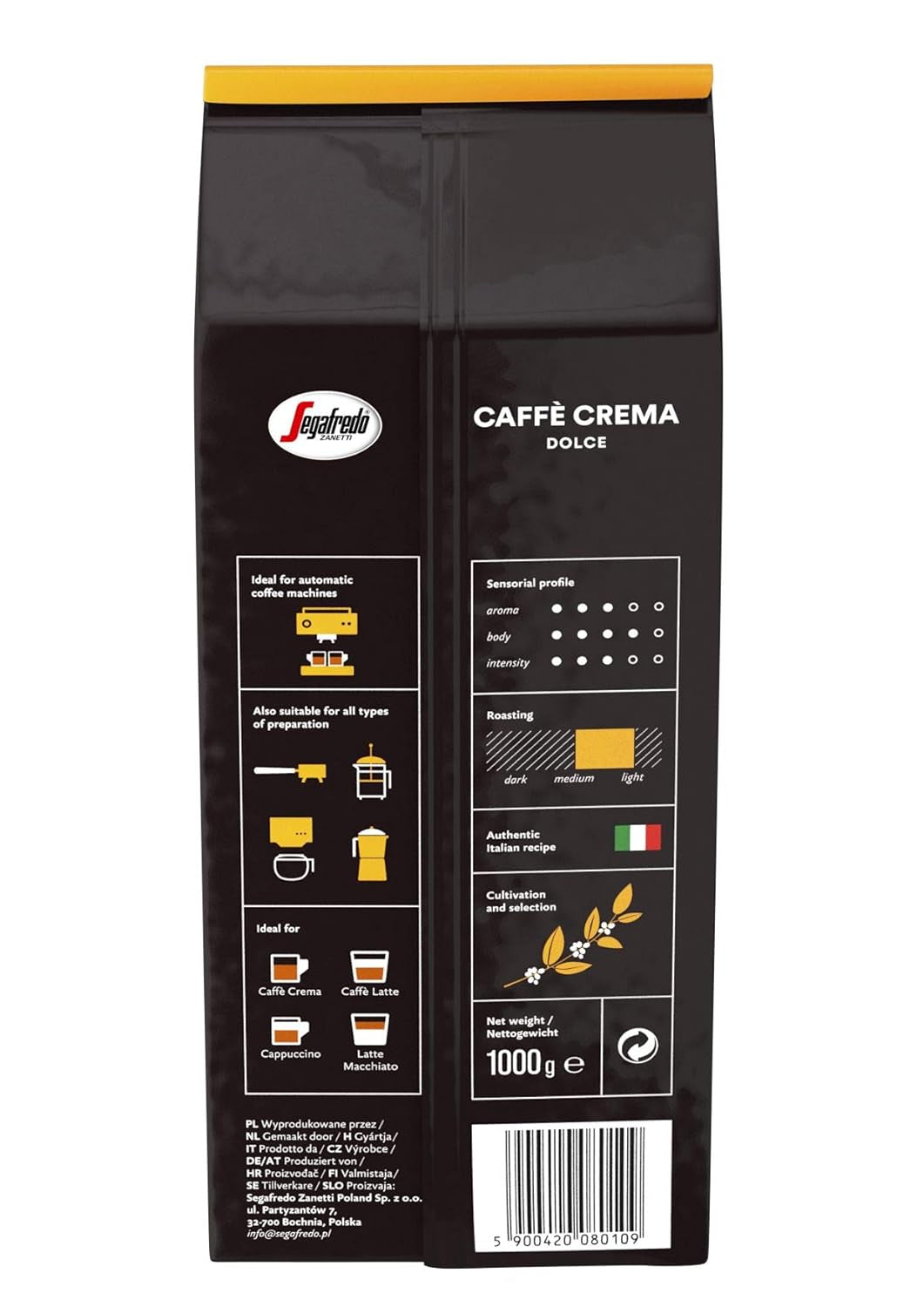 Segafredo Zanetti Caffè Crema Dolce - Chicchi interi (confezione da 1 kg) - Adatto per Caffè Crema - Chicchi di caffè dalla tostatura da leggera a media dal gusto delicato ed equilibrato (confezione da 2)