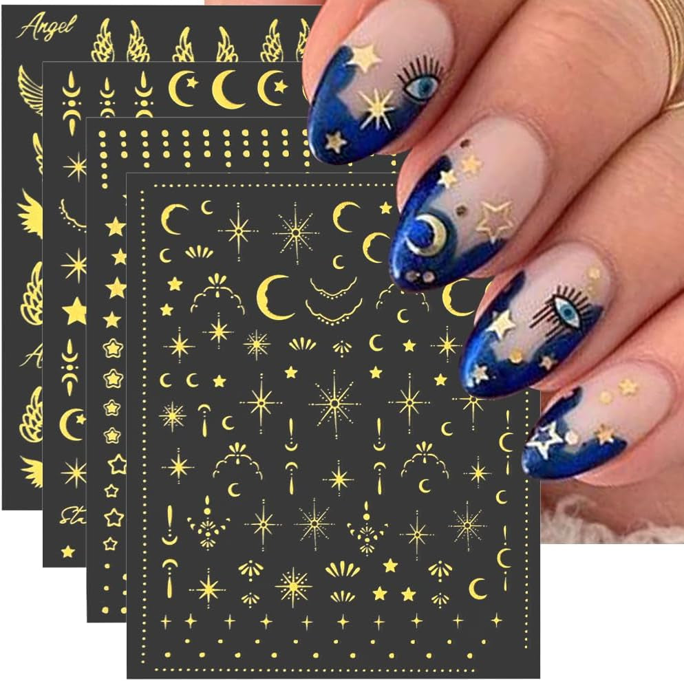 8 fogli Luna e stelle dorate Adesivi per nail art Ali d'angelo Adesivi per unghie color oro marrone chiaro Stelle Foil per unghie Adesivi autoadesivi per unghie Accessori per il design delle unghie Adesivi per unghie