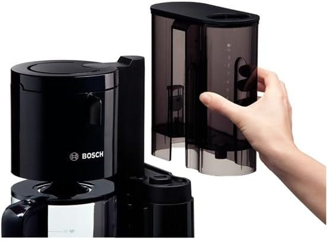 Bosch Styline TKA8013 Macchina per caffè espresso con filtro, sensore aroma, caraffa in vetro preserva aroma da 1,25 l, 10-15 tazze, spegnimento automatico, sistema di decalcificazione, sistema antigoccia, portafiltro girevole, 1160 W, Nero