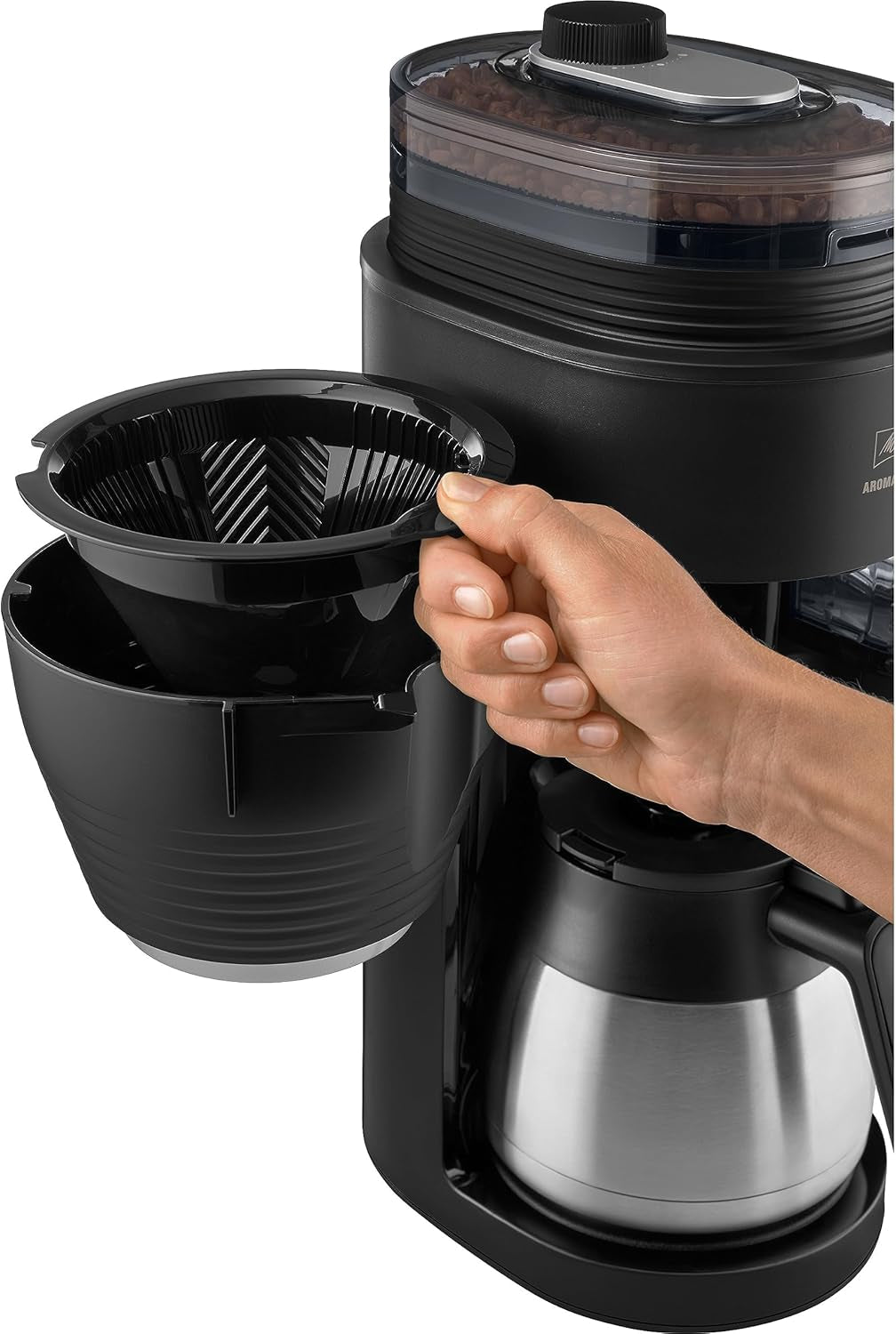 Melitta AromaFresh Therm Pro X - Macchina per caffè espresso con filtro, macinacaffè integrato, serbatoio dell'acqua rimovibile, caraffa termica in acciaio inossidabile e funzione timer, per un massimo di 8 tazze di caffè, nero/argento