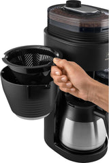 Melitta AromaFresh Therm Pro X - Macchina per caffè espresso con filtro, macinacaffè integrato, serbatoio dell'acqua rimovibile, caraffa termica in acciaio inossidabile e funzione timer, per un massimo di 8 tazze di caffè, nero/argento
