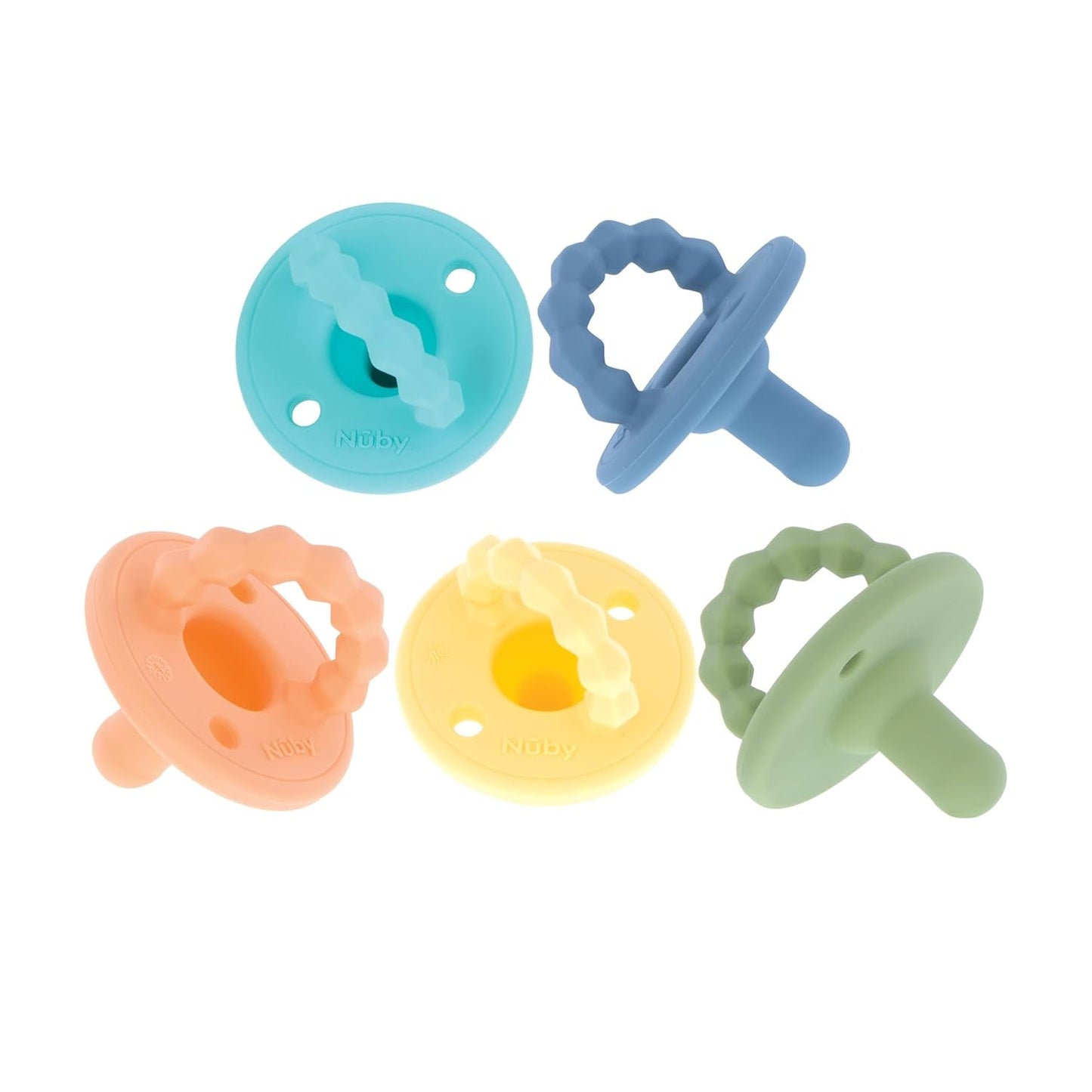 Nuby – Set di 5 succhietti e ciucci ortodontici in morbido silicone | 3 modelli per giorno e notte | 2 modelli che si illuminano al buio | Senza BPA | Forma simile al seno | Per 18-36 mesi