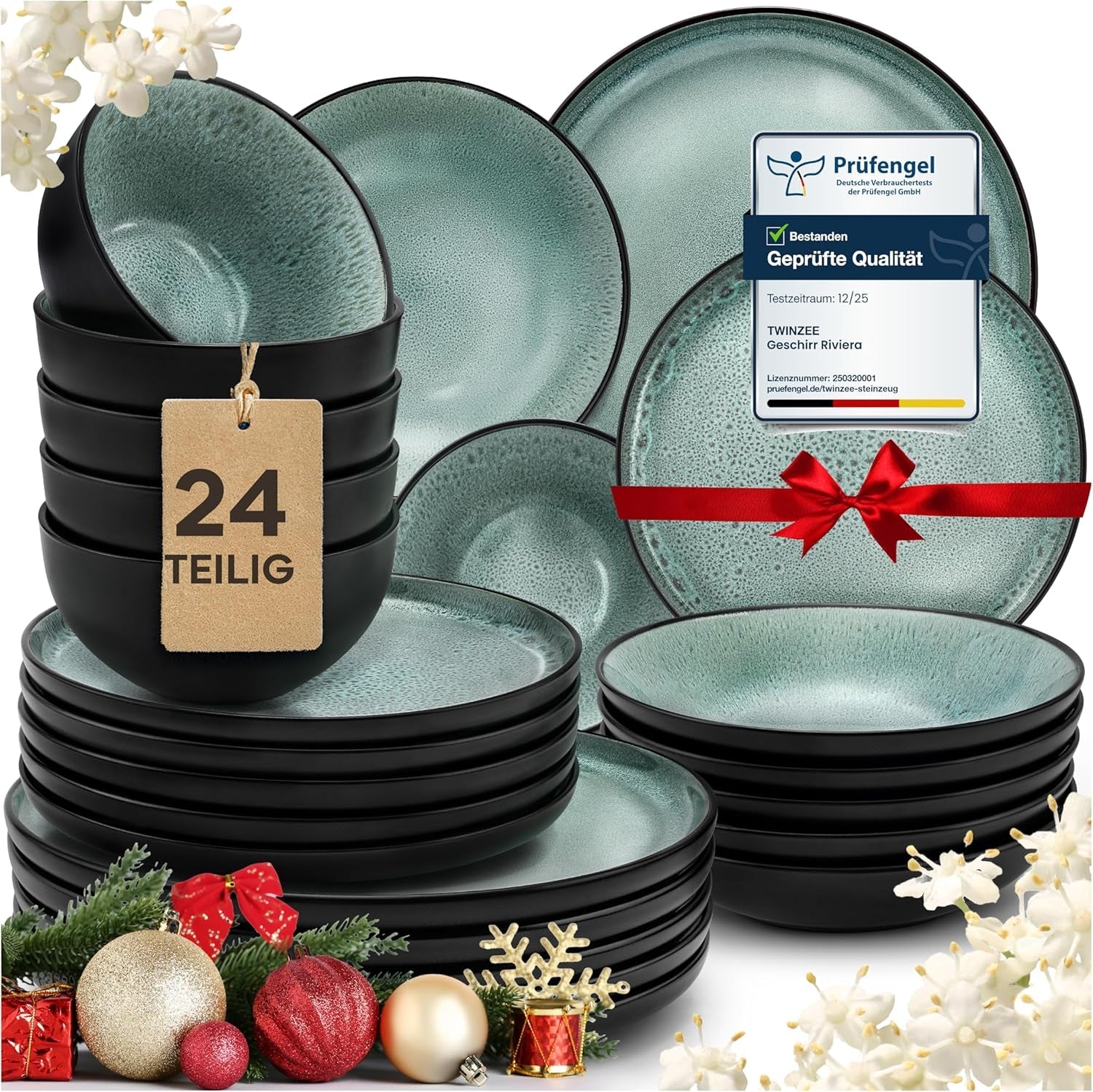 Twinzee Set di stoviglie in gres da 24 pezzi per 6 persone - Set di ciotole e piatti - Gres adatto al microonde - Collezione Riviera