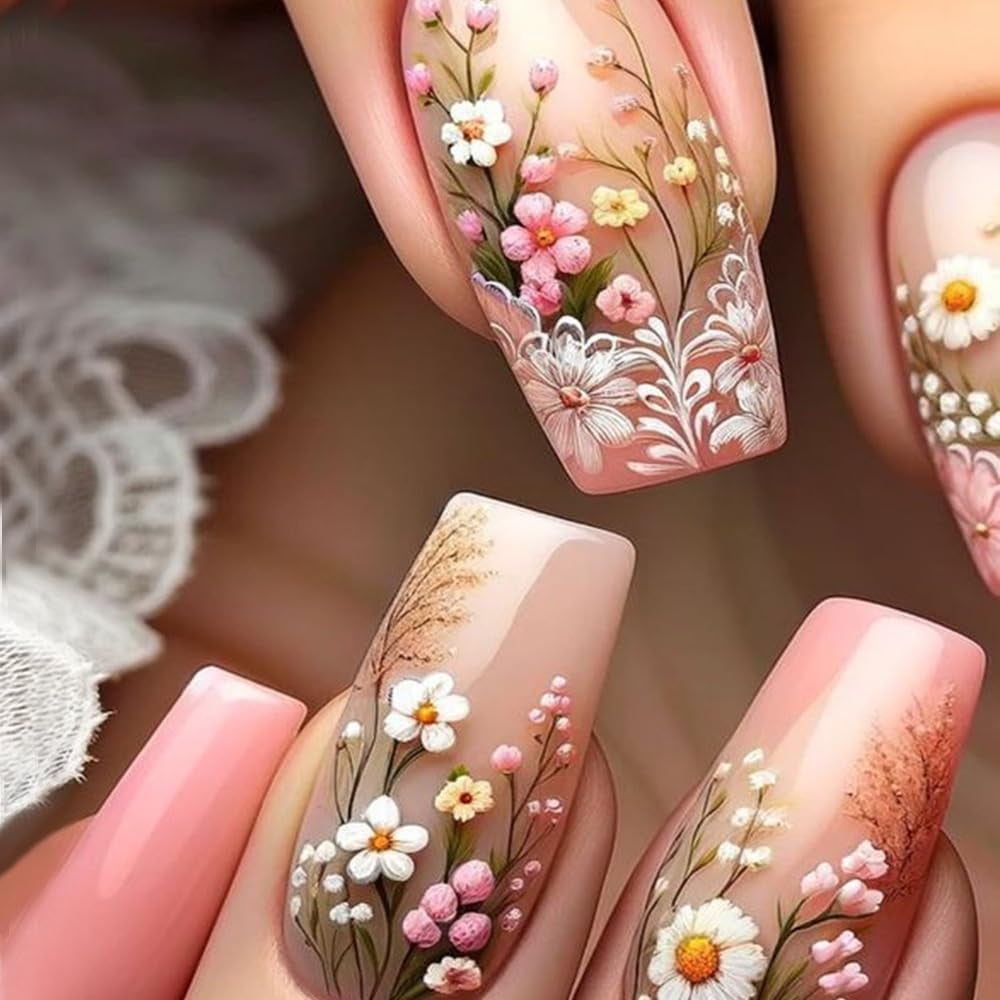 24 pezzi stampa lunga sulle unghie bara unghie artificiali fiore farfalla unghie adesive bianco marrone acrilico set di unghie punte per unghie donna primavera estate accessori per unghie