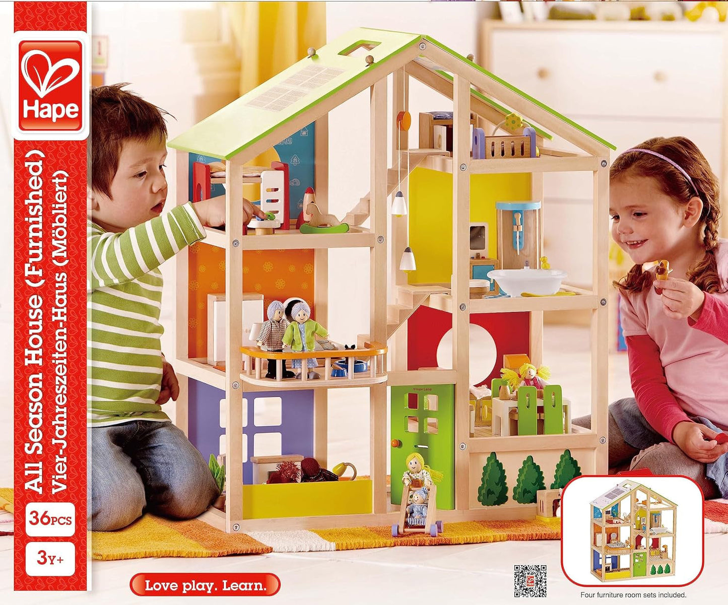 Casa delle bambole in legno Hape Four Seasons Pluripremiata casa delle bambole a tre piani con mobili, accessori, scale mobili e tetto reversibile per ogni stagione Case delle bambole Naty Shop