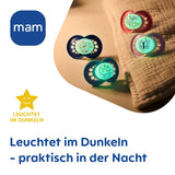 Ciuccio MAM Original Day & Night Matt | 6-16 mesi | Accettazione 94% | Il ciuccio per bambini aiuta a prevenire l'allineamento indesiderato dei denti | Sviluppato insieme ai dentisti | Pelle morbida in silicone | Volpe/Luna | Confezione da 4