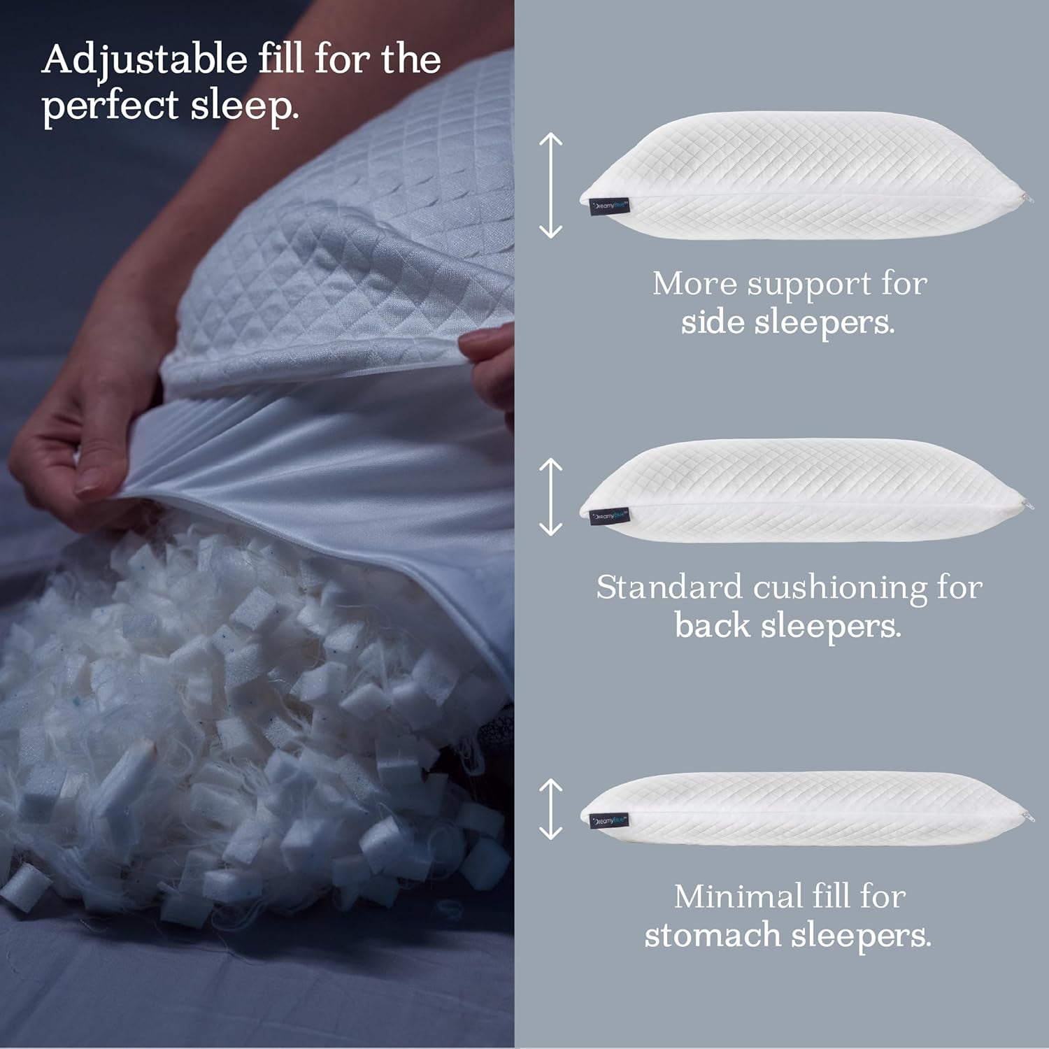 Cuscino per dormire Premium Dreamyblue - Imbottitura in memory foam triturato [Loft regolabile] Fodera lavabile in viscosa di bambù - Per lati scorrevoli, schiena e pancia - Cuscini standard Naty Shop