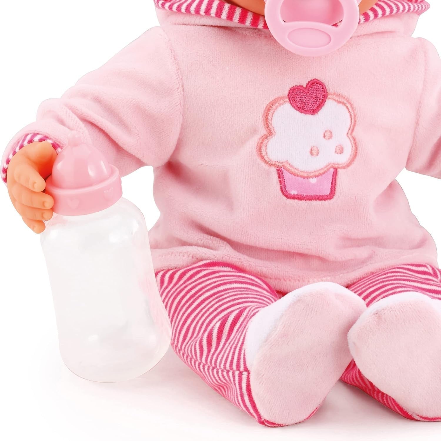 Bambola First Words con occhi assonnati, parla 24 suoni da bambino, con bambola e biberon, 38 cm, rosa/righe Naty Shop Dolls