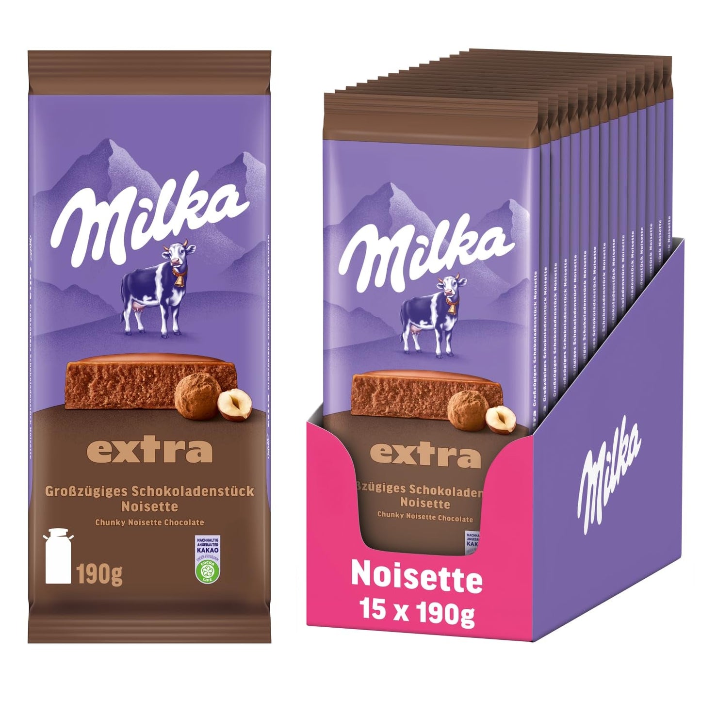Milka Extra Noisette – Cioccolato al latte alpino con delicato e cremoso ripieno alla nocciola – 15 x 190 g