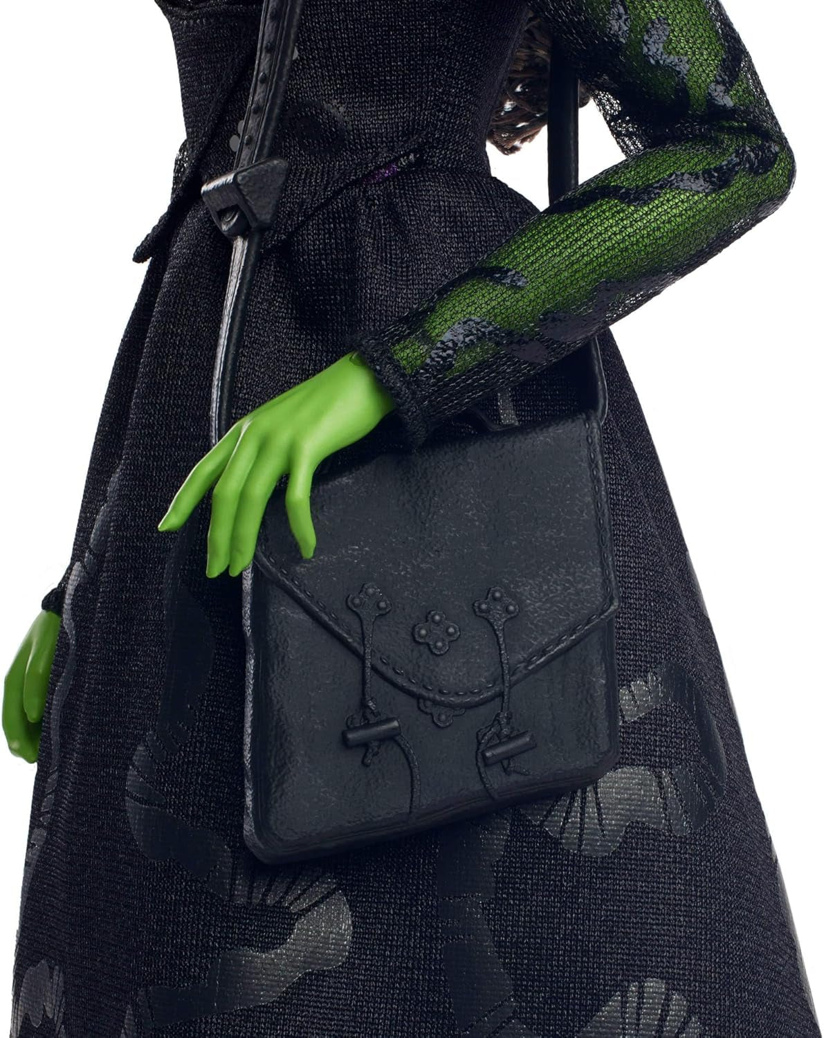Mattel Wicked Elphaba Fashion Doll e accessori con pelle verde, capelli intrecciati neri, varie pose possibili e abito da ballo staccabile, HXT62, [Multicolore]