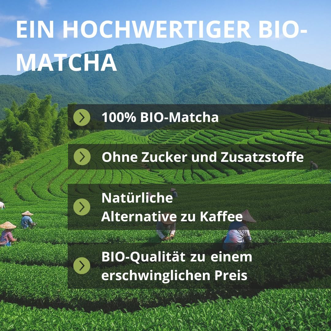 | Matcha biologico in polvere 100 g | Grado cerimoniale in polvere di tè verde Matcha | 100% naturale e di prima qualità | Tè disintossicante | Compatibile con set Matcha, stelo, ciotola e bicchiere.