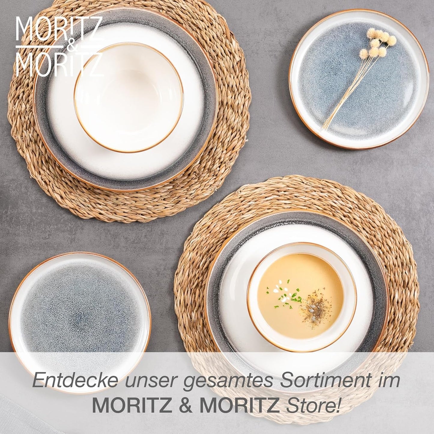 Moritz & Moritz TARENTO Servizio Piatti 24 Pezzi per 6, Grigio - Elegante Set di Piatti in Gres di Alta Qualità - Il set di stoviglie comprende 6 piatti piani, 6 piatti da dessert, 6 piatti piani e 6 tazze
