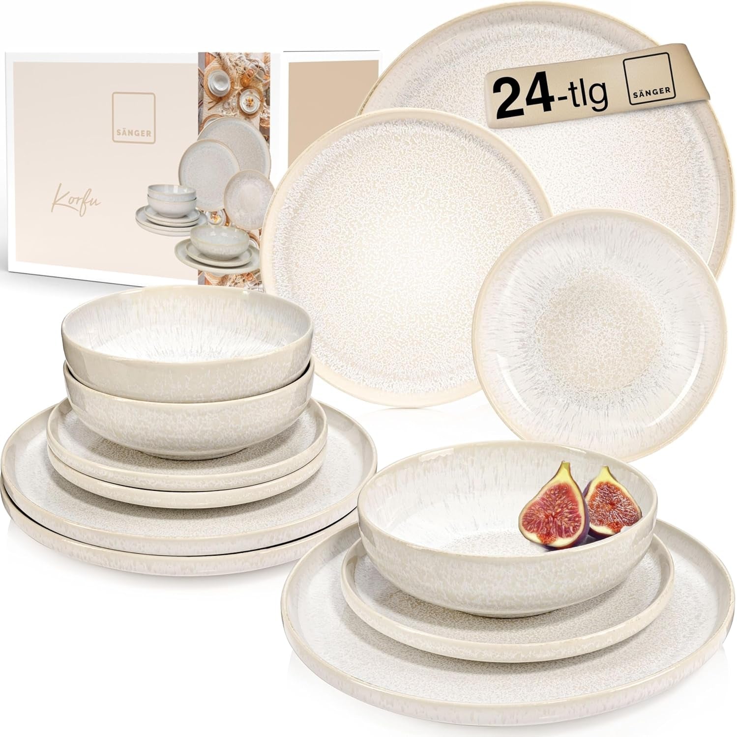 SANGER | Servizio da tavola Corfu da 24 pezzi Servizio da tavola per 8 stoviglie in ceramica fatta a mano, compresi piatti piani, piatti da dessert e piatti Suma, stoviglie color crema con texture sabbia