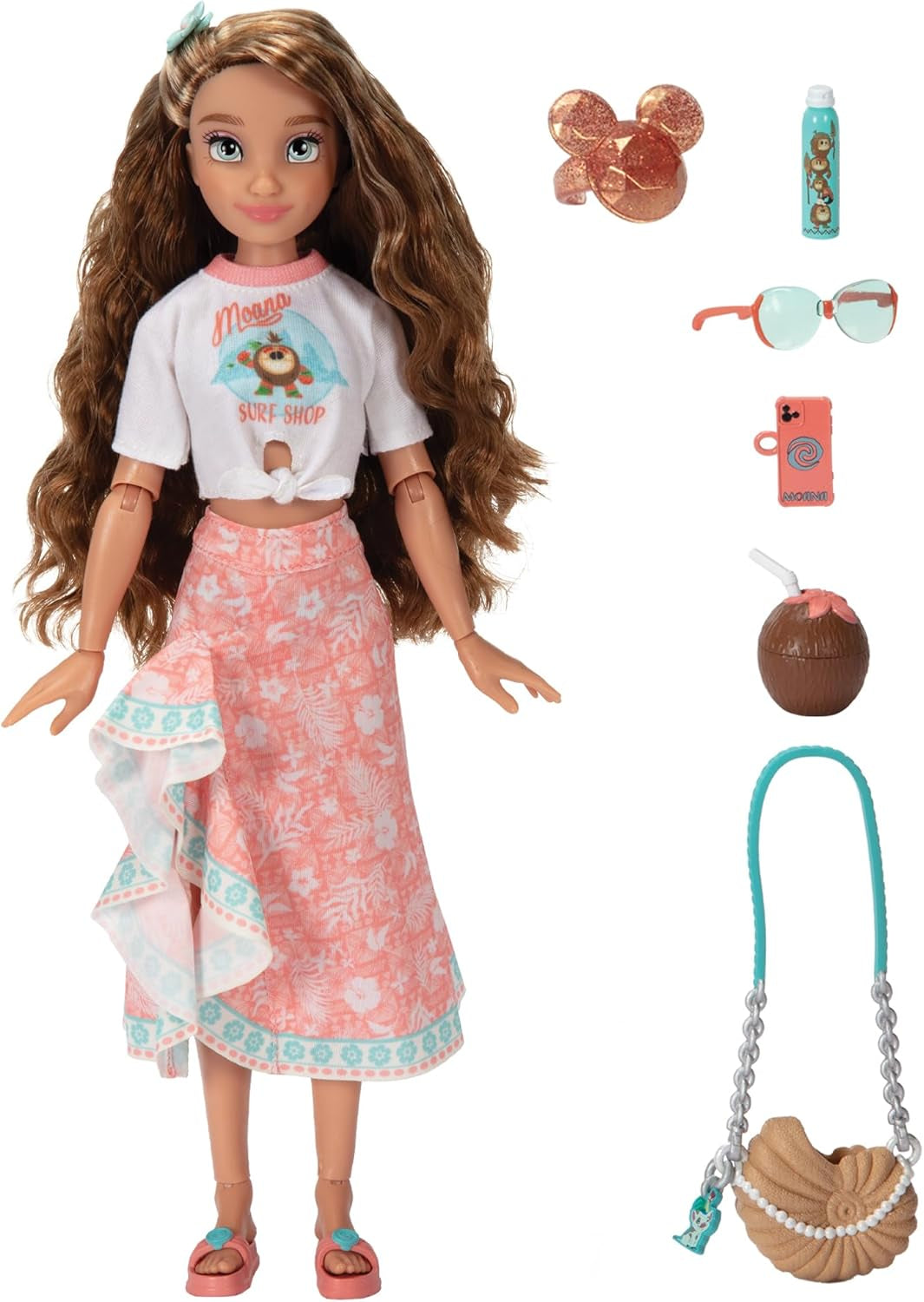 Bambola Vaiana con accessori, 29 cm, 13 punti di articolazione, licenza ufficiale Jakks Pacific. Completo di accessori combinabili e uno scintillante anello di Topolino!