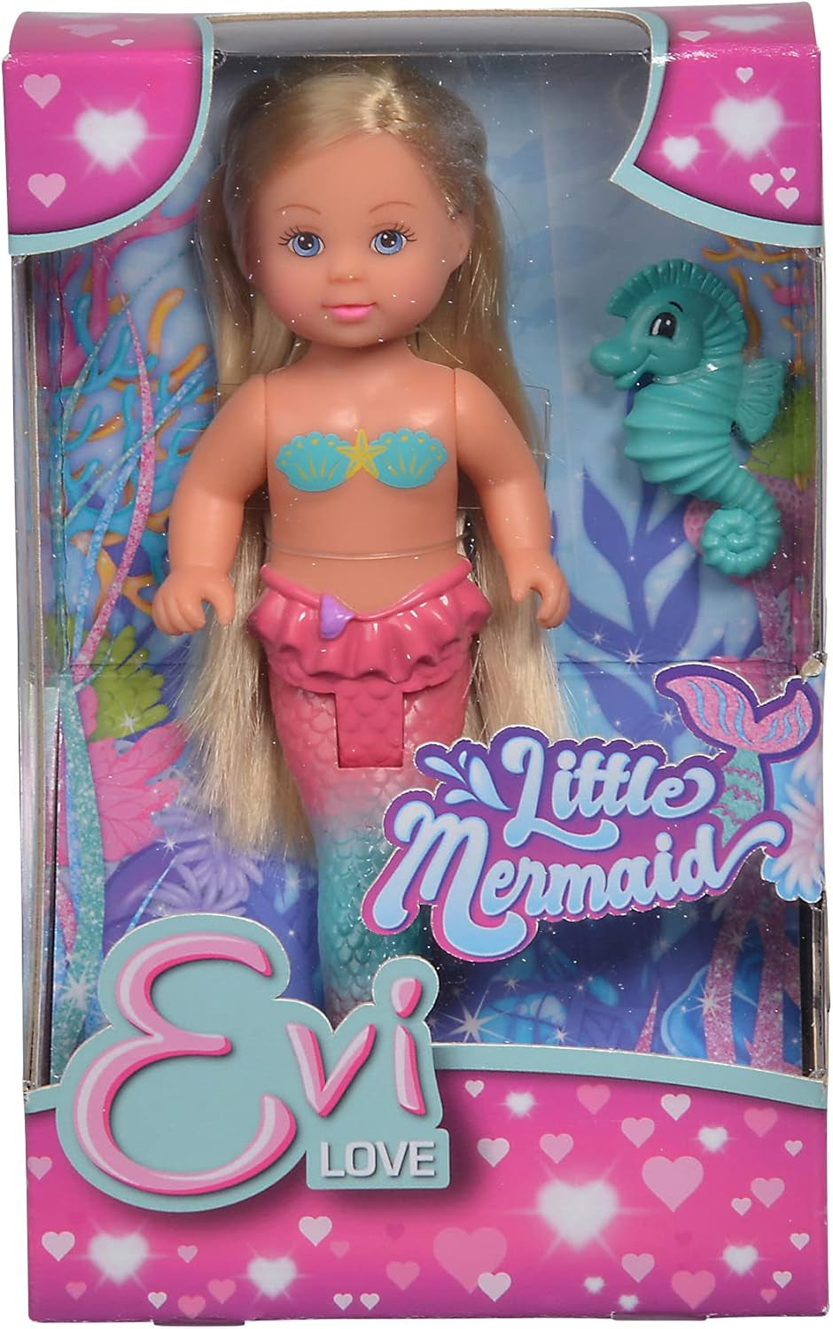 Simba 105733424 - Evi ama la sirenetta, 2 modi assortiti, verrà consegnato un solo articolo, Evi come sirena, pinna caudale mobile, con cavalluccio marino, bambola alla moda da 12 cm, dai 3 anni in su