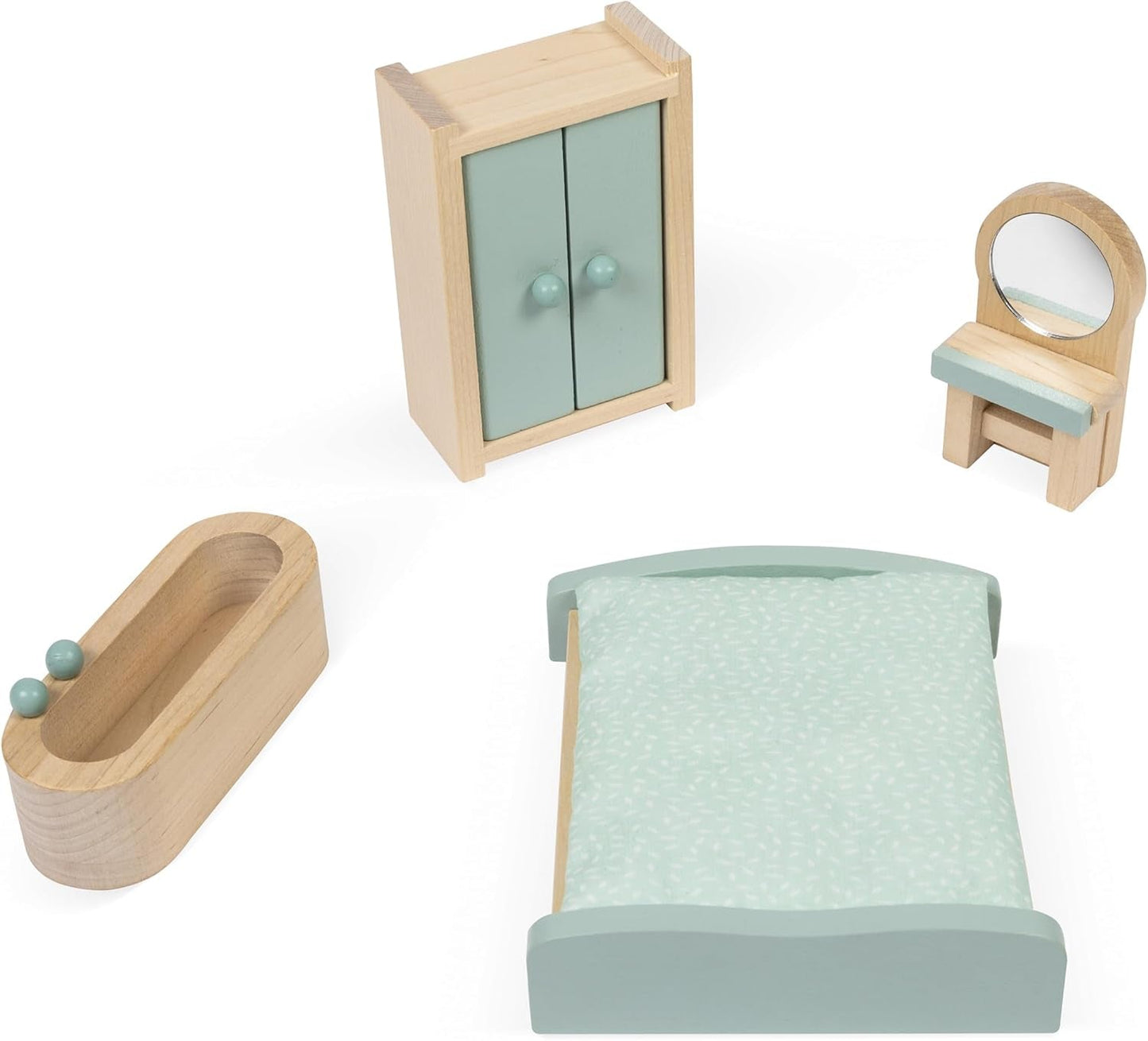 Janod - La mia prima casa delle bambole in legno - 10 accessori - Mobili per bambole - Porte magnetiche e tetto rimovibile - Giocattolo in legno certificato FSC - Dai 3 anni in su