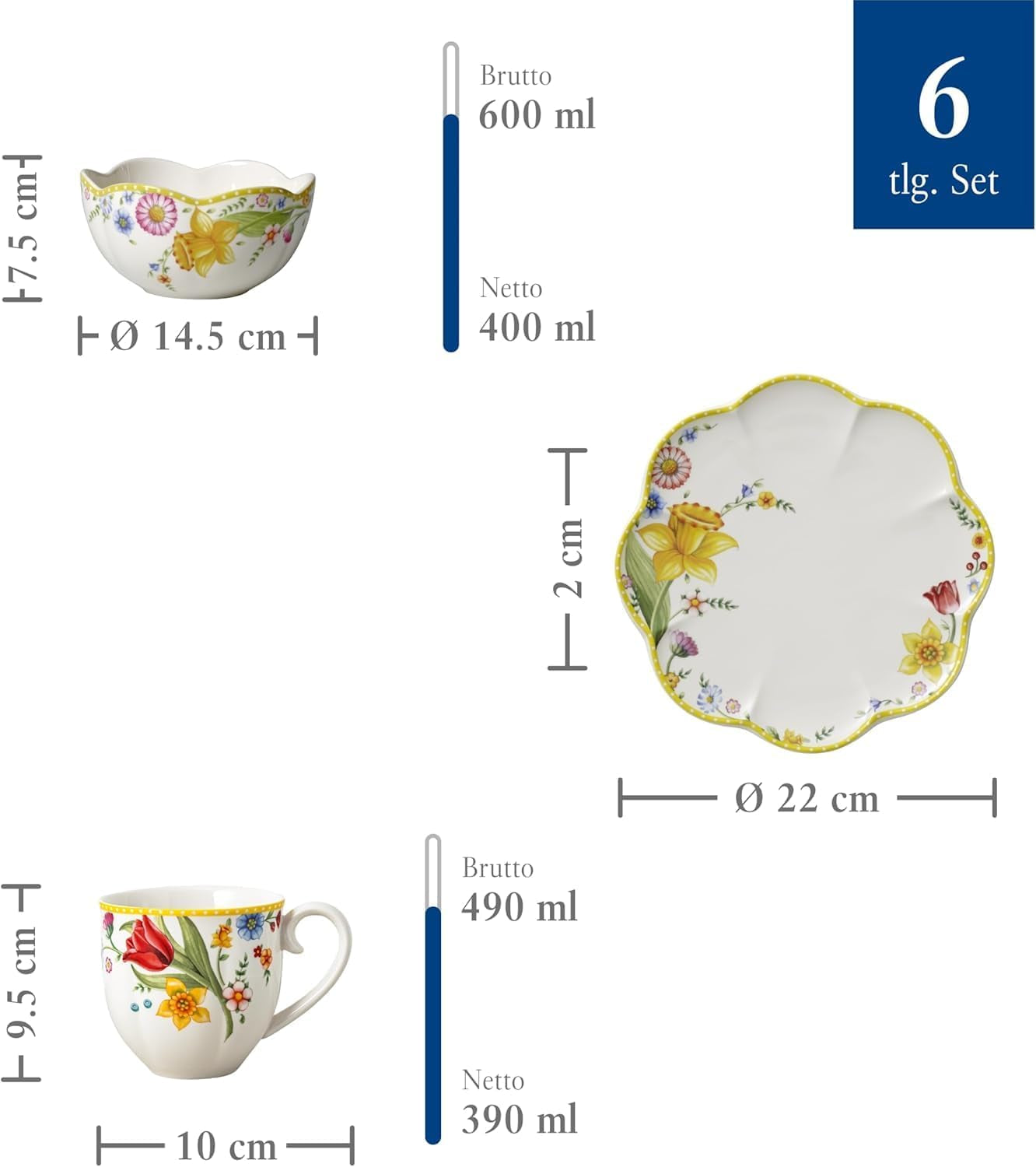 Villeroy & Boch - Servizio Colazione Spring Awakening per 2, 6 Pezzi, Servizio Piatti Pasqua, Colazione, Pasqua, Servizio Caffè, Piatti Primavera, Porcellana