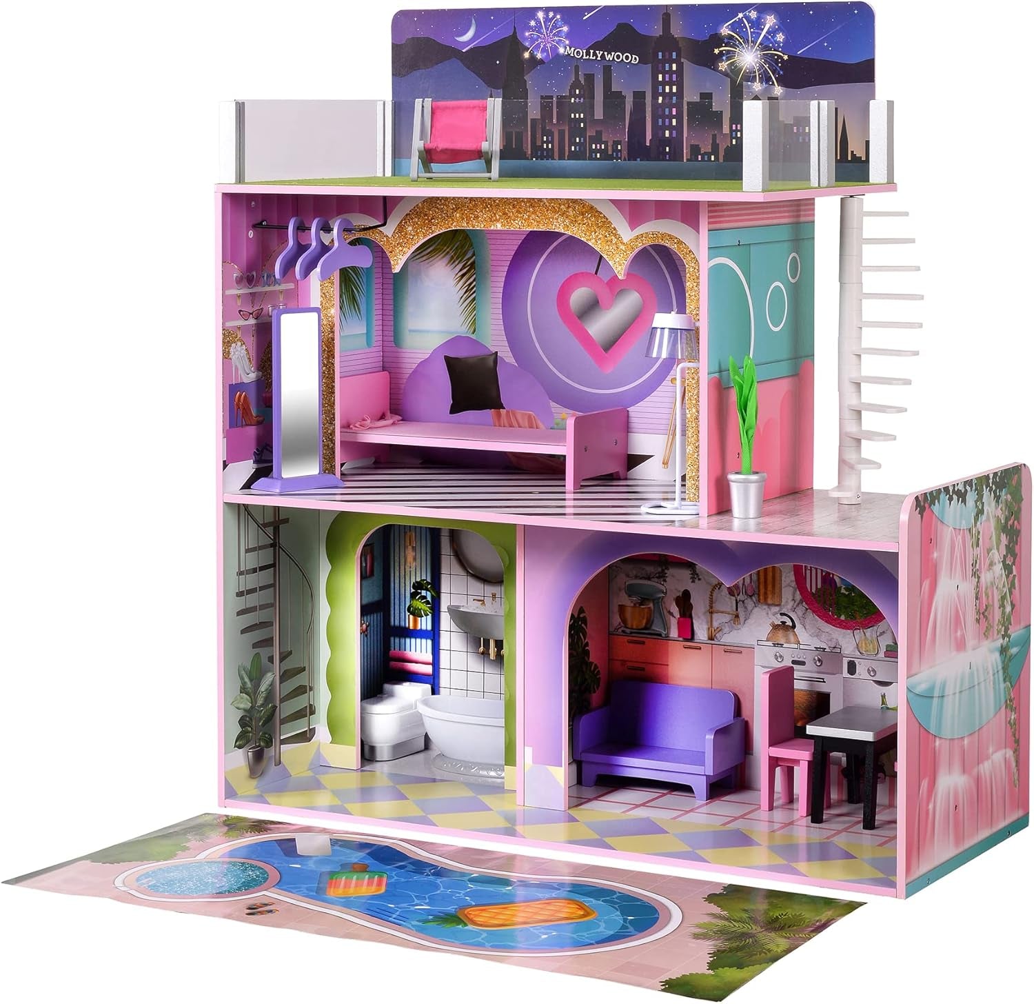 Olivia's Little World Big Dreamland Sunset Casa delle bambole interattiva in legno per bambini contemporanei 3 piani con 16 accessori per mobili per bambole Multi TD-13616A Case delle bambole Naty Shop Titolo predefinito