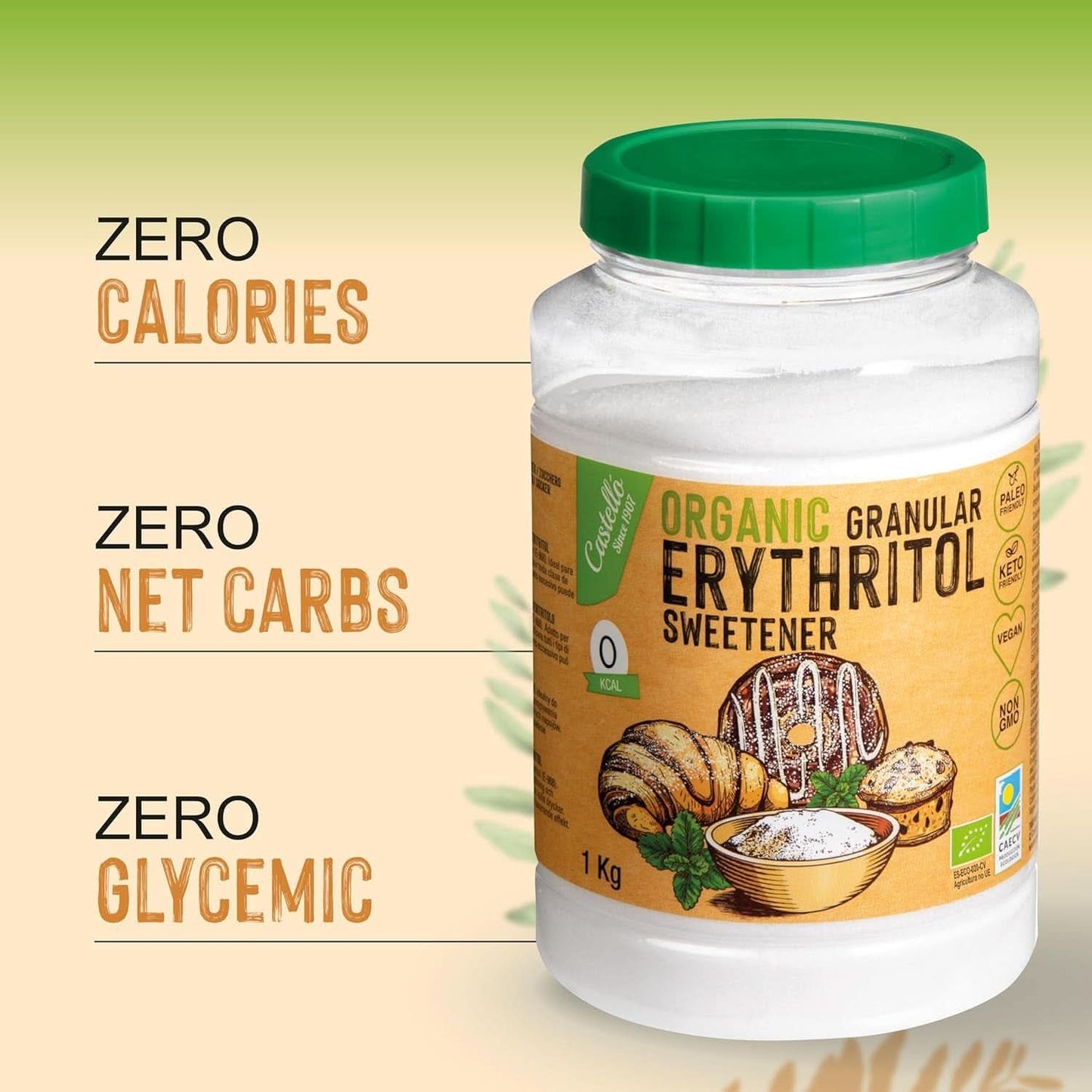 Eritritolo biologico naturale, 10G = 7G zucchero, 1 Kg Dolcificanti Naty Shop