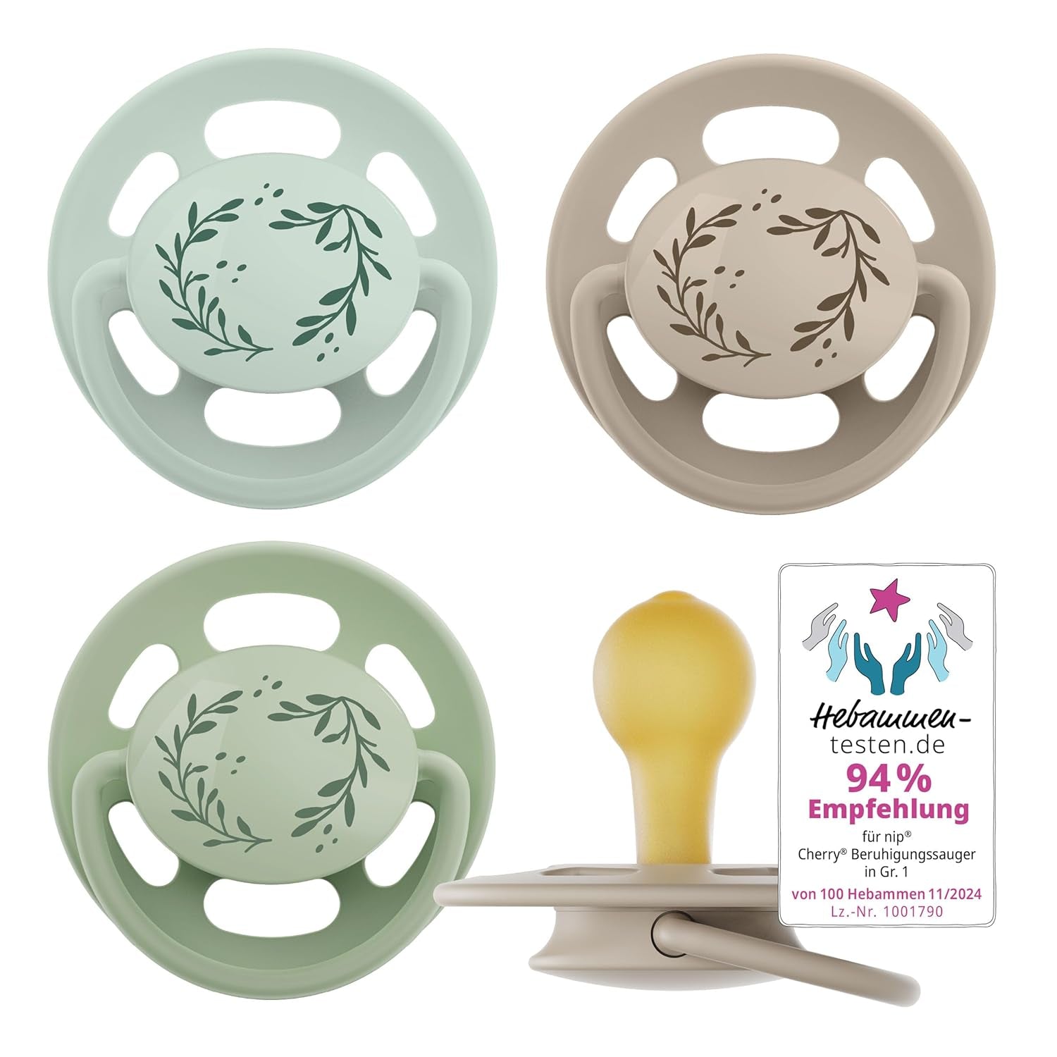 nip - Verde Ciliegia | 0-6 mesi | Confezione da 4 | Suzeta per bebeluși, potenza per alaptare e per loro. Tessuto sostenibile, realizzato in materiale naturale, verde scuro/marrone