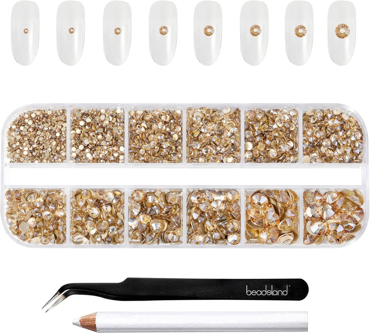 Beadsland 2500 pezzi di vetro per nail art strasssteine ​​​​Kristall Flatback Edelsteine ​​​​Runde, ​​für Handwerk Gemischt 8 Größen SS4 ~ SS30 con picking Pinzette e Stift (Kristall Weiss)