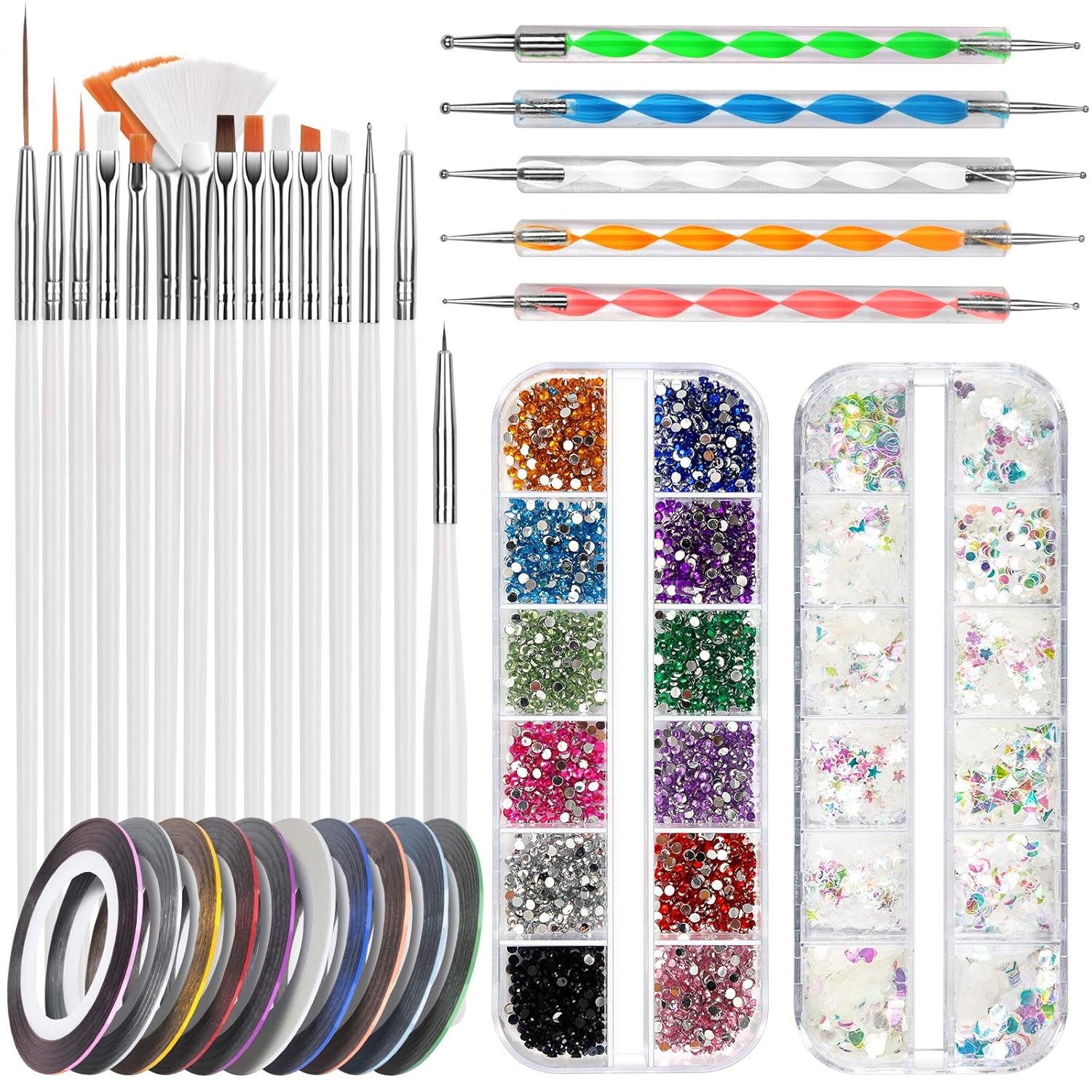 FANDAMEI Set di pennelli per nail art, 15 pezzi di pinsel per gel Nägel Nagel Pinsel, 5 pezzi di penna a pois, 10 rotoli di nastro adesivo, strasssteine ​​​​Nägel, ultra dünn Nagel Paillettes per nail art Maniküre Set