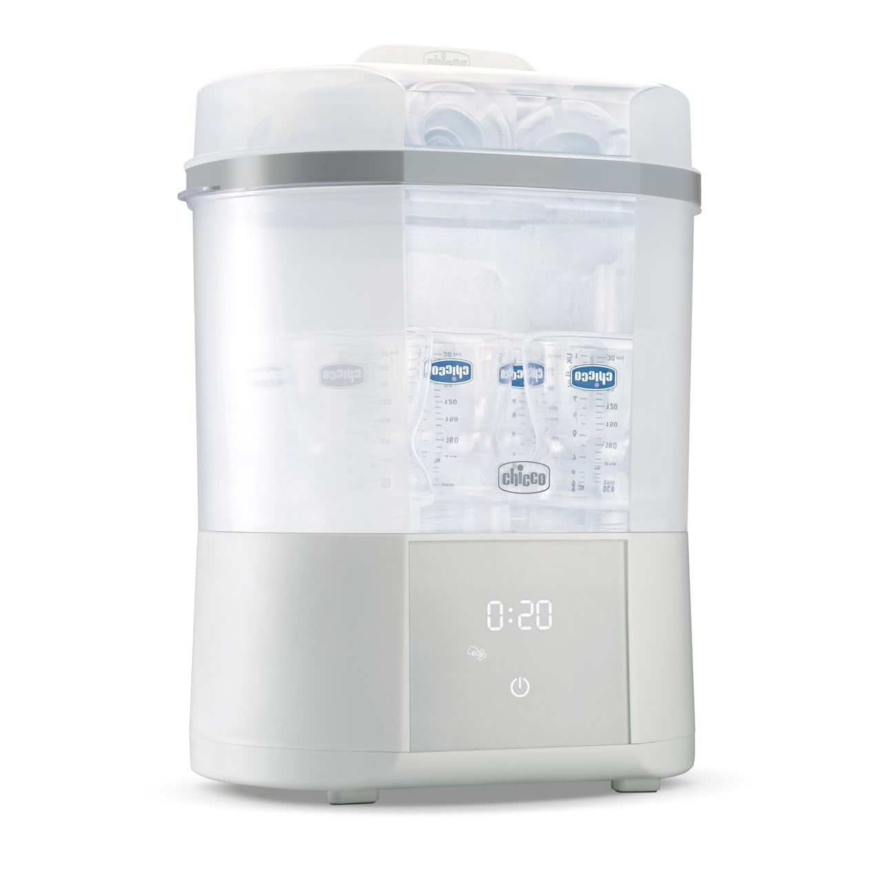 Sterilizzatore Modulare Chicco con Funzione Asciugatura, Sterilizzatore Biberon, Anello Dentizione e Ciuccio con Auto-Stop, Adatto al Microonde, Adatto per sterilizzare fino a 6 biberon da 330ml
