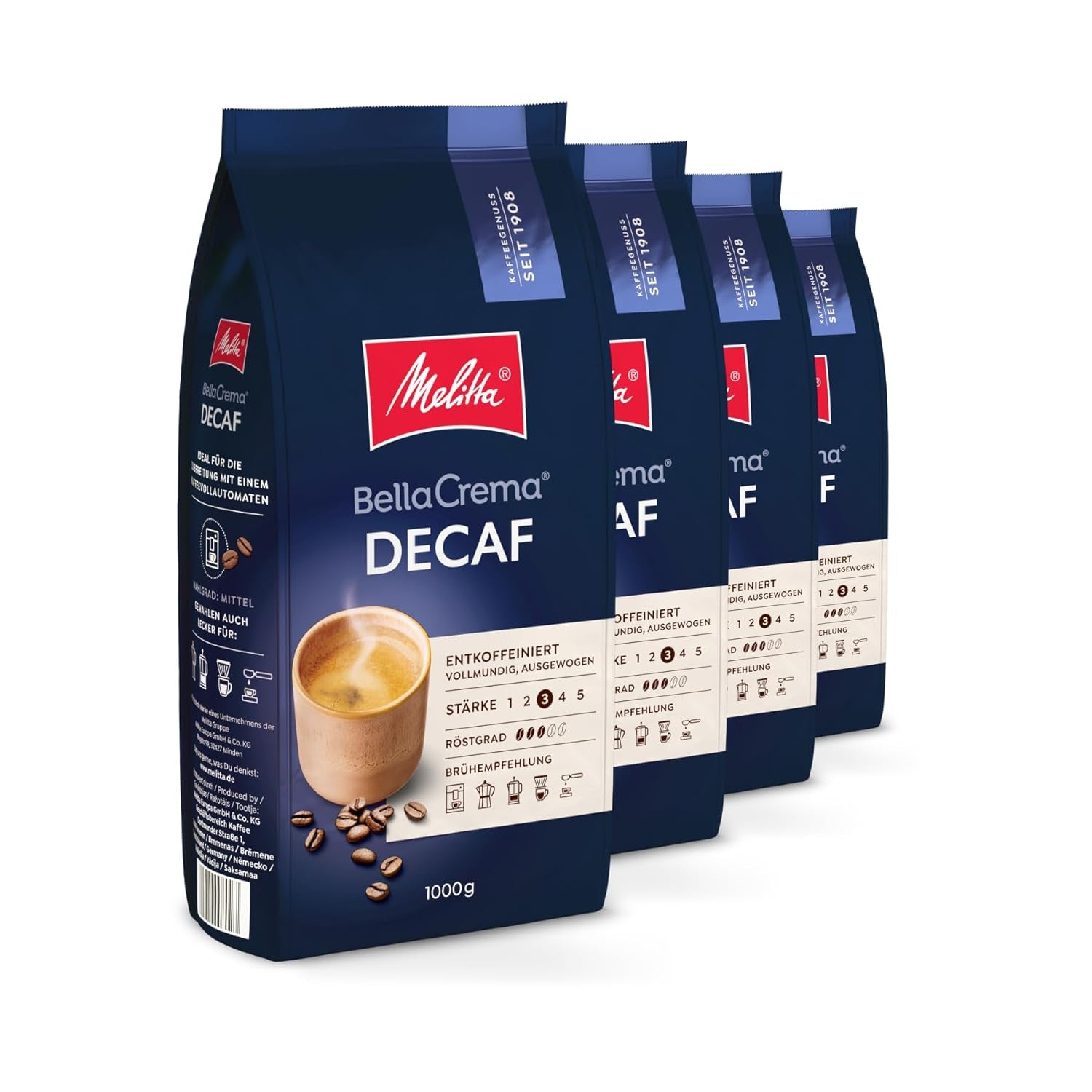 Melitta BellaCrema caffè decaffeinato in grani 4 x 1 kg caffè in grani non macinato per macchine da caffè completamente automatiche decaffeinato tostatura leggera tostatura tedesca 3 intensità