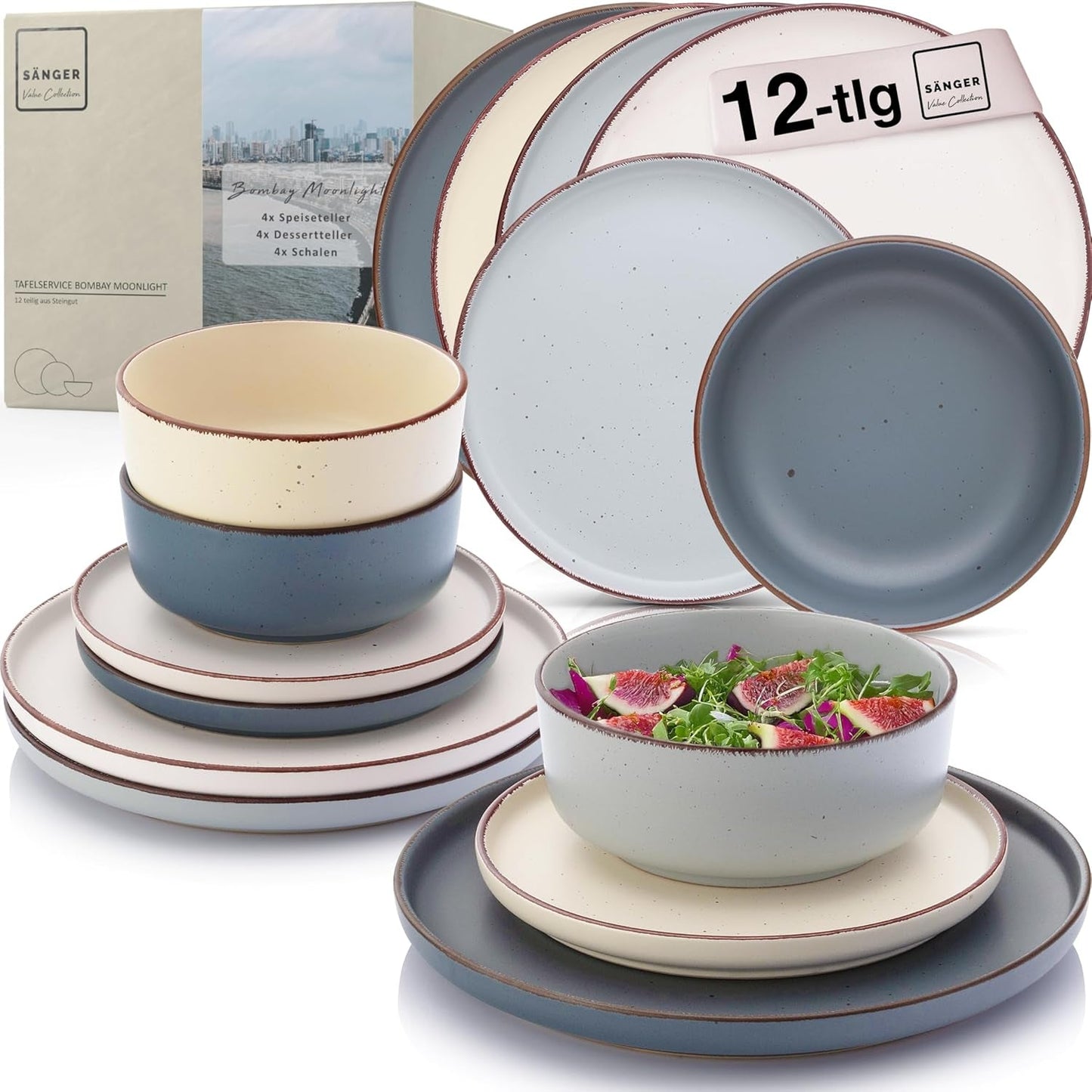 SÄNGER Bombay Moonlight | Set di stoviglie in ceramica da 12 pezzi per 4 persone, 4 piatti piani, 4 piatti da dessert, 4 ciotole, colori assortiti | LA COLLEZIONE DI VALORE