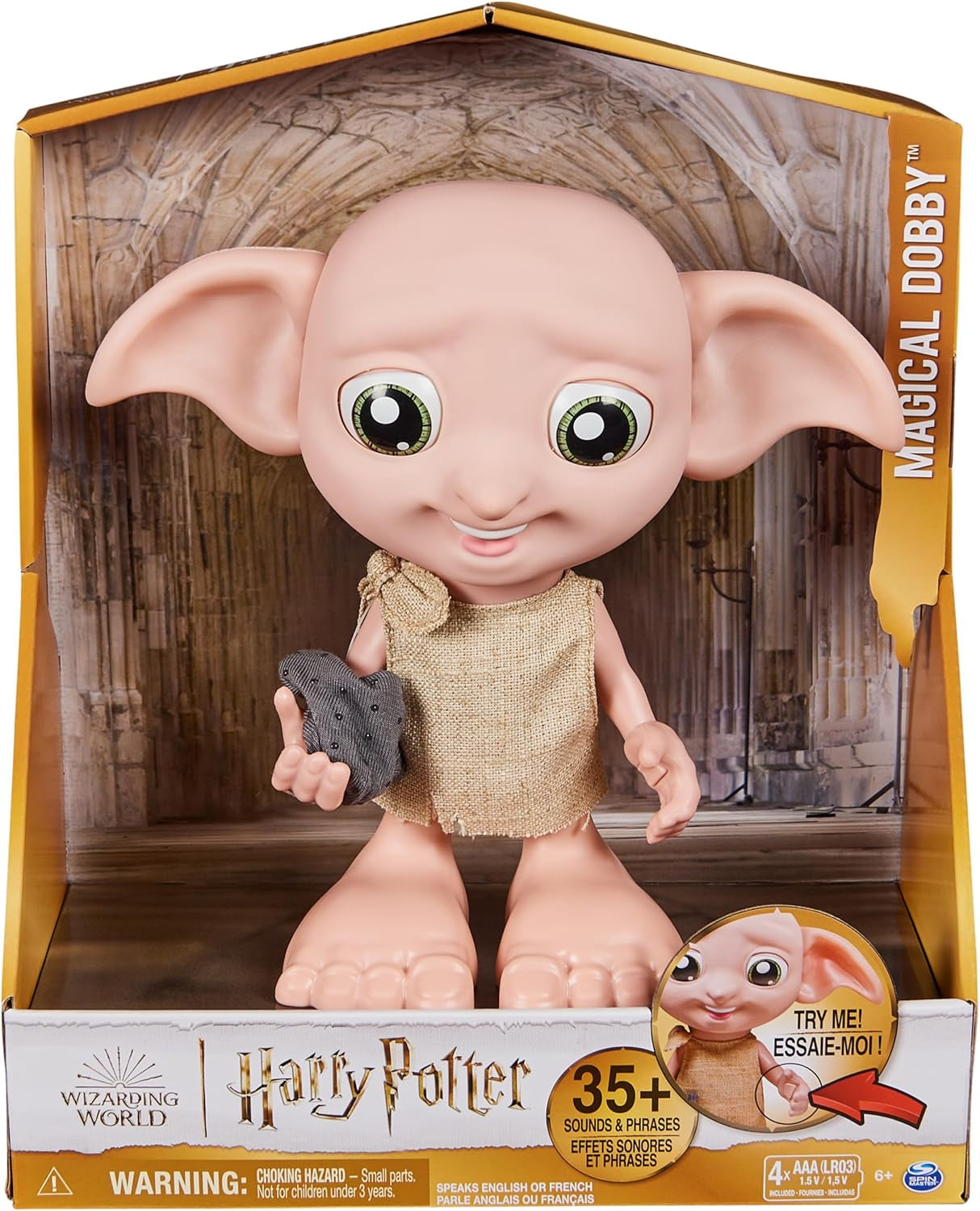 Spin Master 6067280 Wizarding World Harry Potter Magica bambola interattiva Dobby Elfo calzino, oltre 30 suoni e frasi, 21,6 cm, giocattolo per bambini, nero