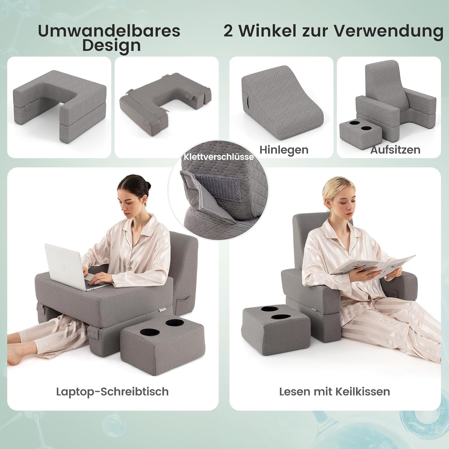Cuscino da lettura per letto e divano, cuscino per libri, liberamente abbinabile con portabevande e fodera lavabile, cuscino da scrivania regolabile per laptop per leggere, giocare, lavorare, scrivere (Grigio)
