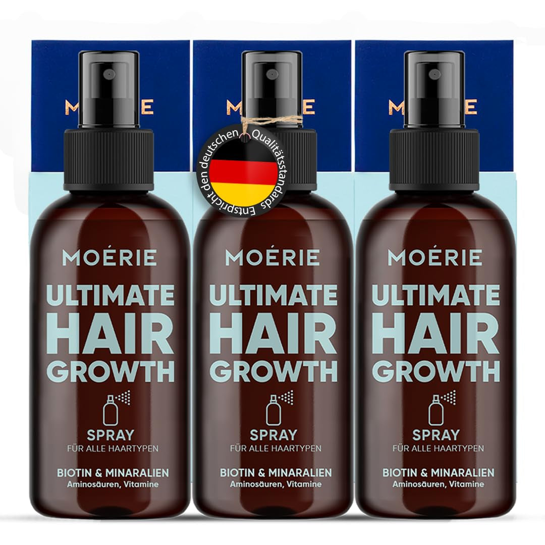 MOÉRIE Spray minerale definitivo per la crescita dei capelli, per capelli più lunghi, spessi e folti - con biotina e caffeina - Prodotti vegani per capelli, senza parabeni, tutti i tipi di capelli, inverte la caduta dei capelli - Fornitura per 2 mesi Cura dei capelli Naty Shop Set da tre