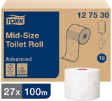 Tork 127530 Carta igienica morbida Midi di qualità avanzata per dispenser di carta igienica Tork T6 doppio rotolo / Carta igienica morbida resistente agli strappi a 2 veli, confezione da 27 (27 x 100 metri)