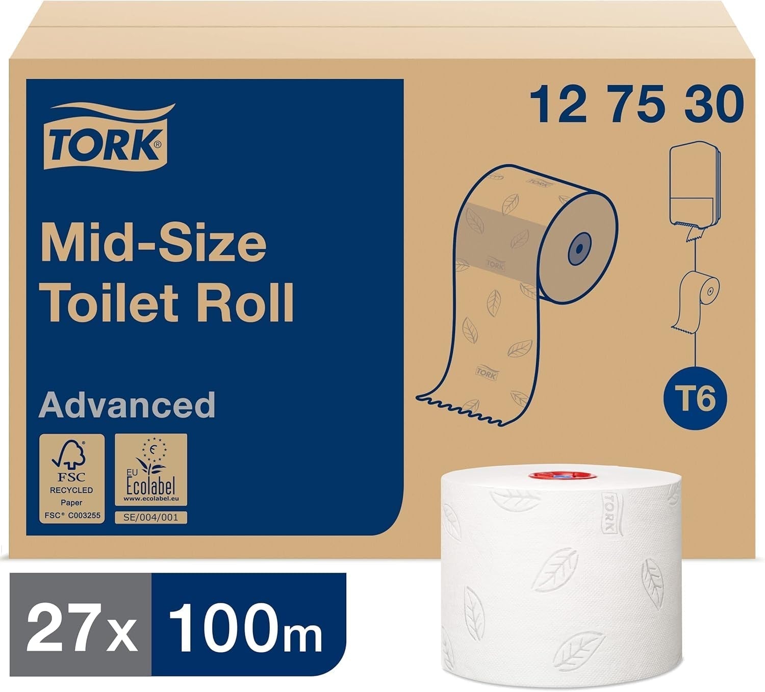 Tork 127530 Carta igienica morbida Midi di qualità avanzata per dispenser di carta igienica Tork T6 doppio rotolo / Carta igienica morbida resistente agli strappi a 2 veli, confezione da 27 (27 x 100 metri)
