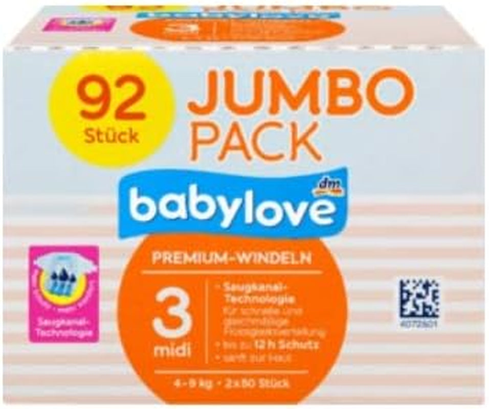 Pannolini Babylove Premium Taglia 3 Midi 4-9 kg, Confezione da 92, Confezione XL