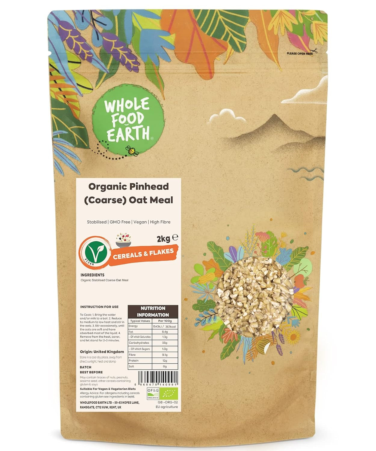 Farina d'avena terrestre integrale biologica Pinhead (grossa) - 1 kg, stabilizzata, non OGM, vegana, ricca di fibre, agricoltura biologica controllata