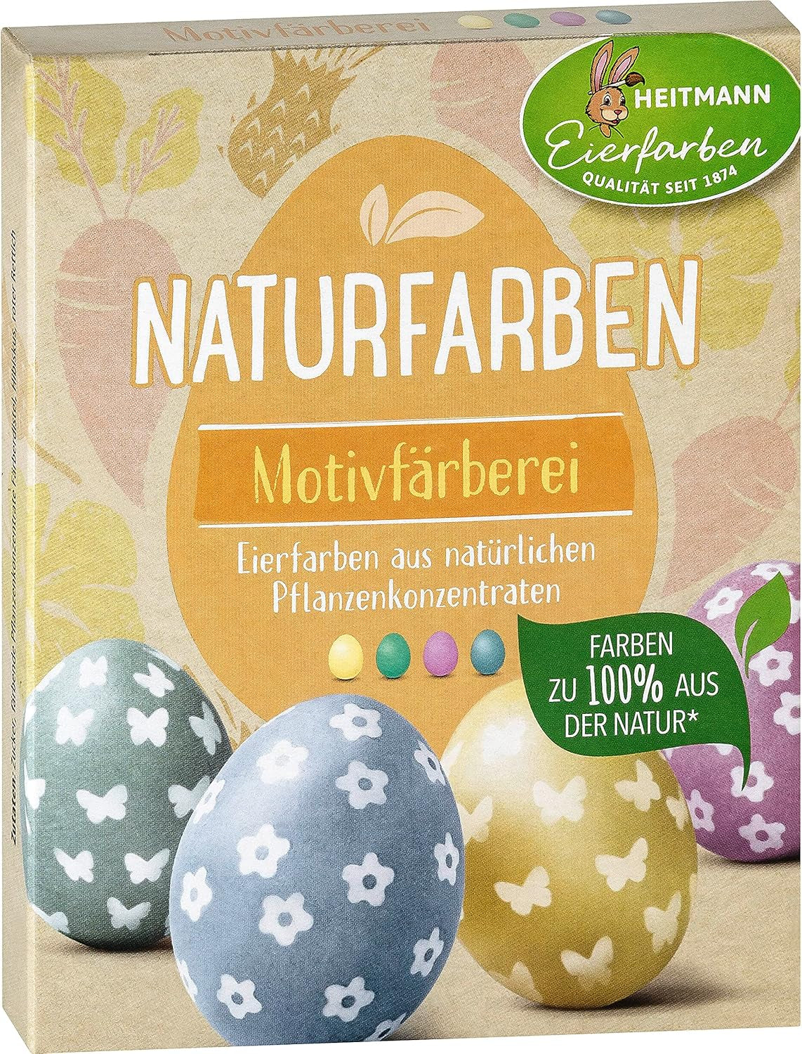 Set di coloranti naturali Heitmann Egg Dye, 3 polveri coloranti all'uovo (giallo, viola, grigio-blu), foglio di adesivi in ​​carta erba