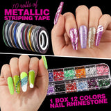 FANDAMEI 54 Blätter Wassertransfer Nagelsticker & Nail Art Pinsel Set, Penne a pois, Blattgold Für Nagelkunst, Streifenband, Strasssteine, Werkzeug und Dekorationen Set Für Nagelkunst Maniküre Set