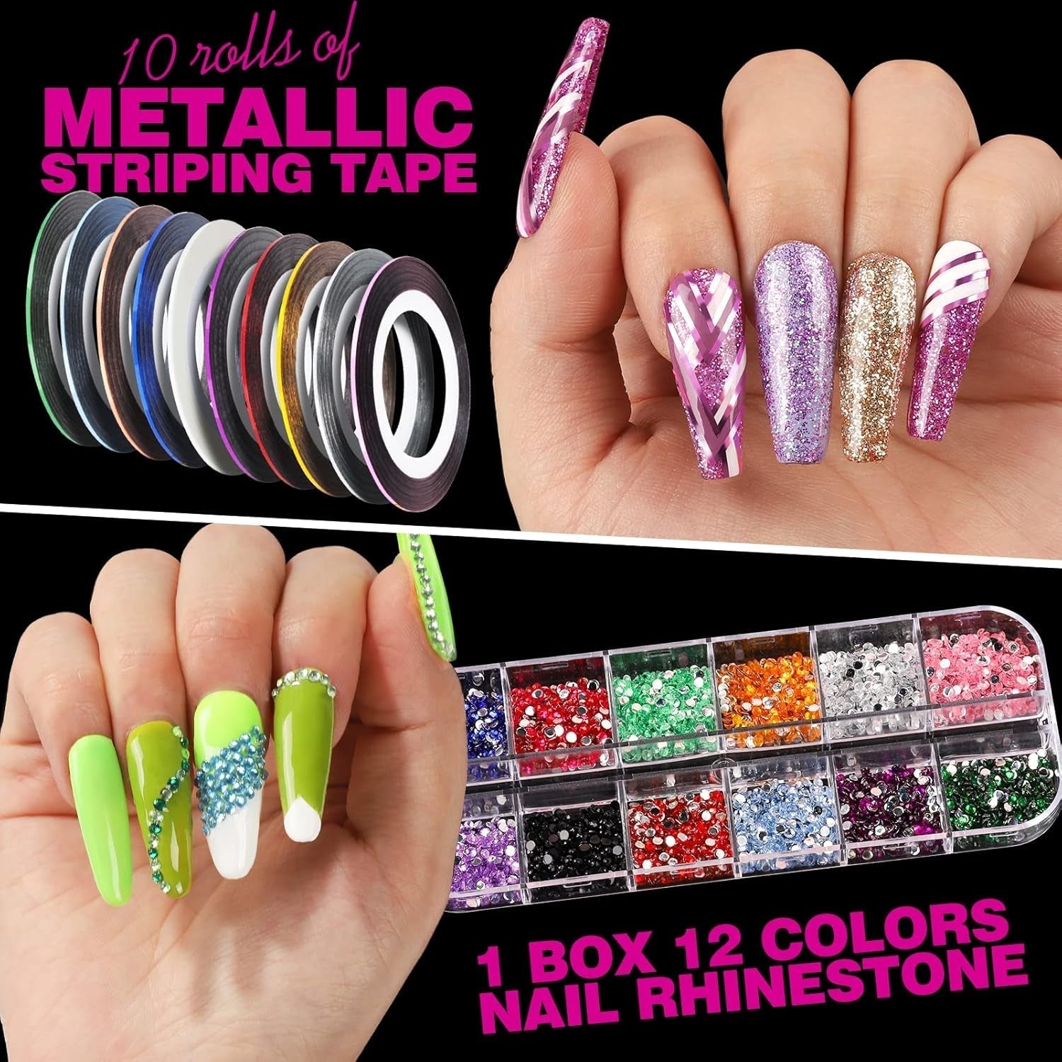 FANDAMEI 54 Blätter Wassertransfer Nagelsticker & Nail Art Pinsel Set, Penne a pois, Blattgold Für Nagelkunst, Streifenband, Strasssteine, Werkzeug und Dekorationen Set Für Nagelkunst Maniküre Set
