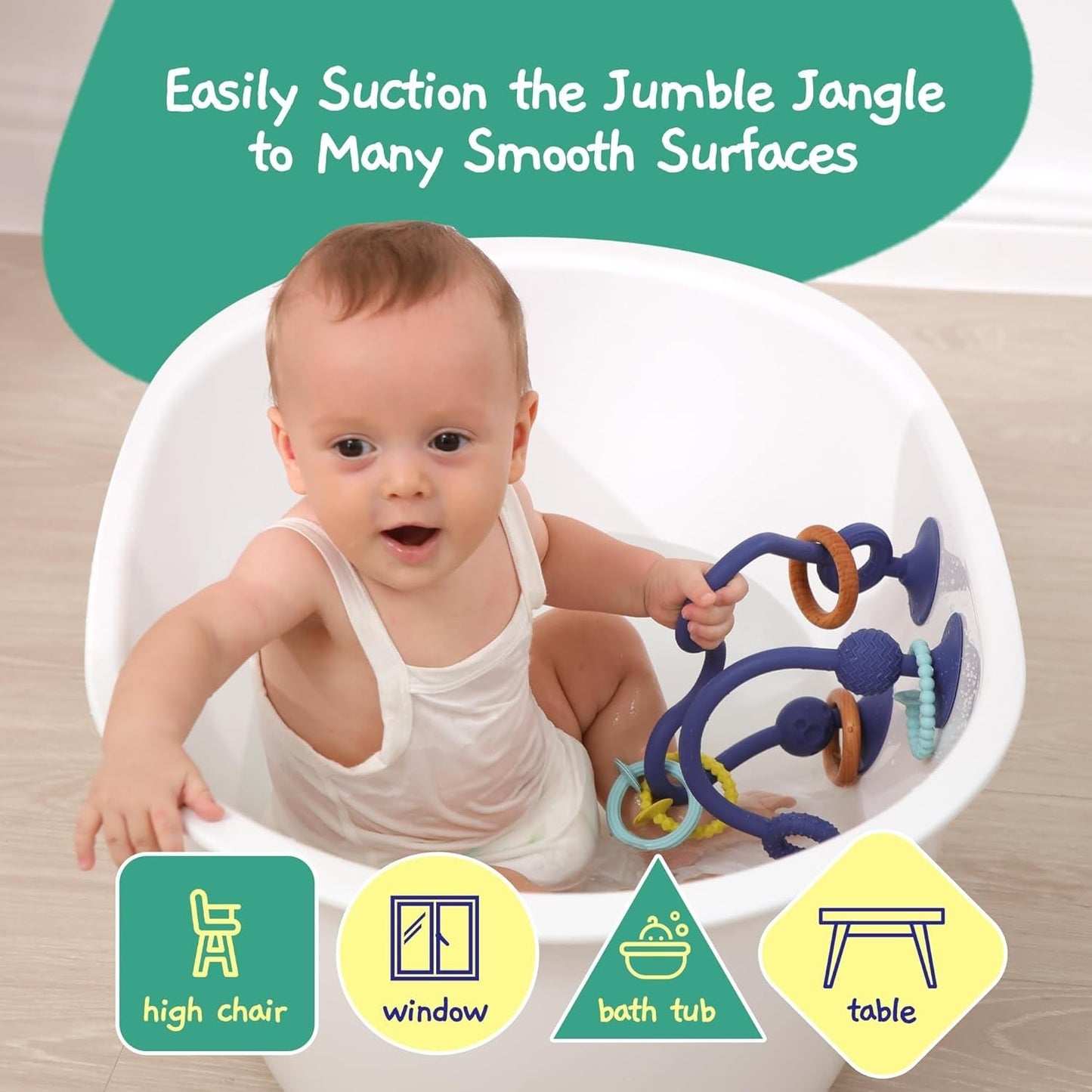 JUMBLE JANGLE Anello per la dentizione del bambino: Giocattolo per la dentizione del bambino 3-24 mesi | Set di 7 giocattoli da masticare senza BPA | Anello da dentizione in silicone rinfrescante | Giocattolo per bambini con ventosa per seggiolone, tavolo e vasca da bagno
