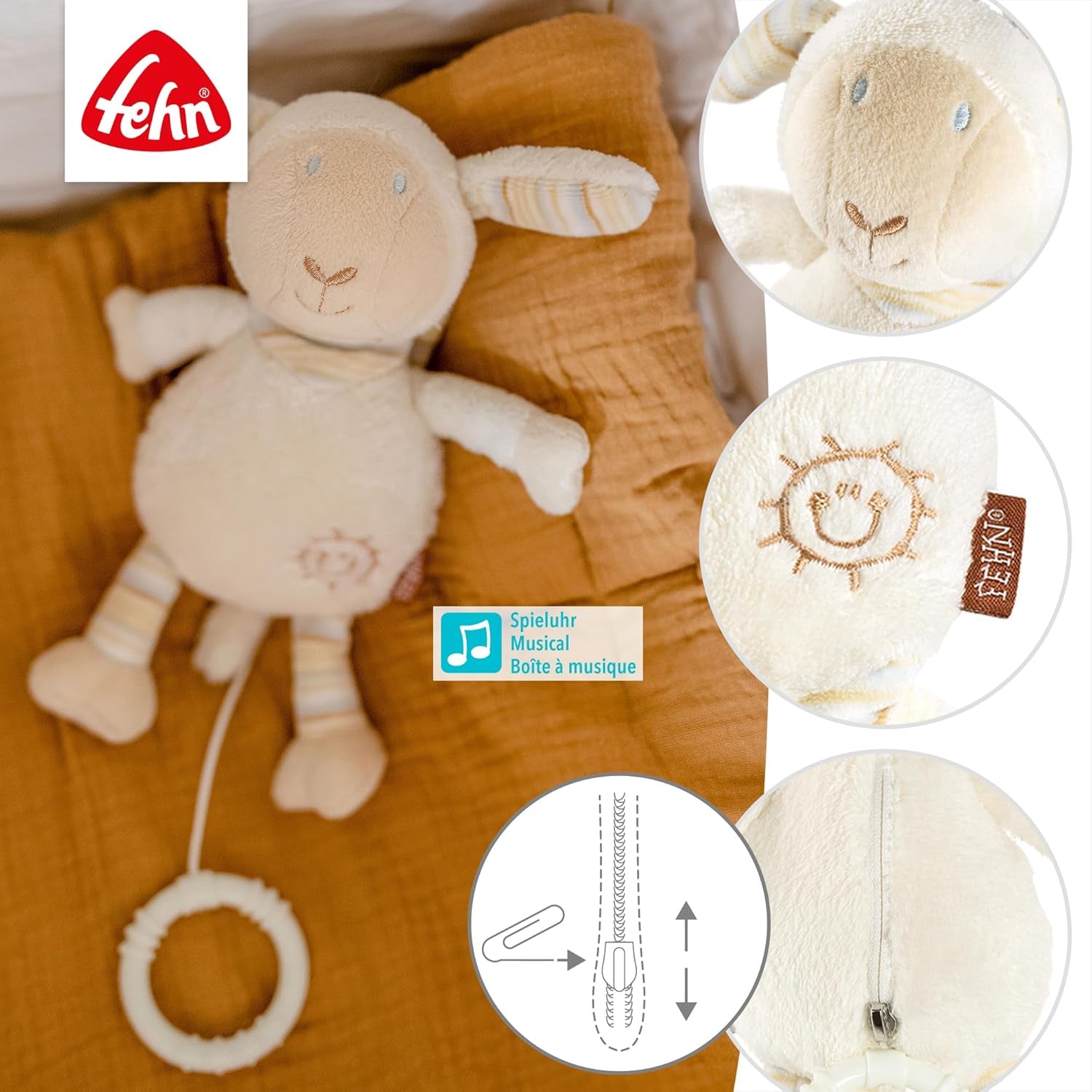 Carillon Fehn pecora per addormentare il bambino - peluche con attacco - canzone per addormentare "la ninna nanna di Brahms" - giocattolo per bambini da viaggio e a casa - giocattoli musicali per neonati e bambini Bebe Naty Shop Toys