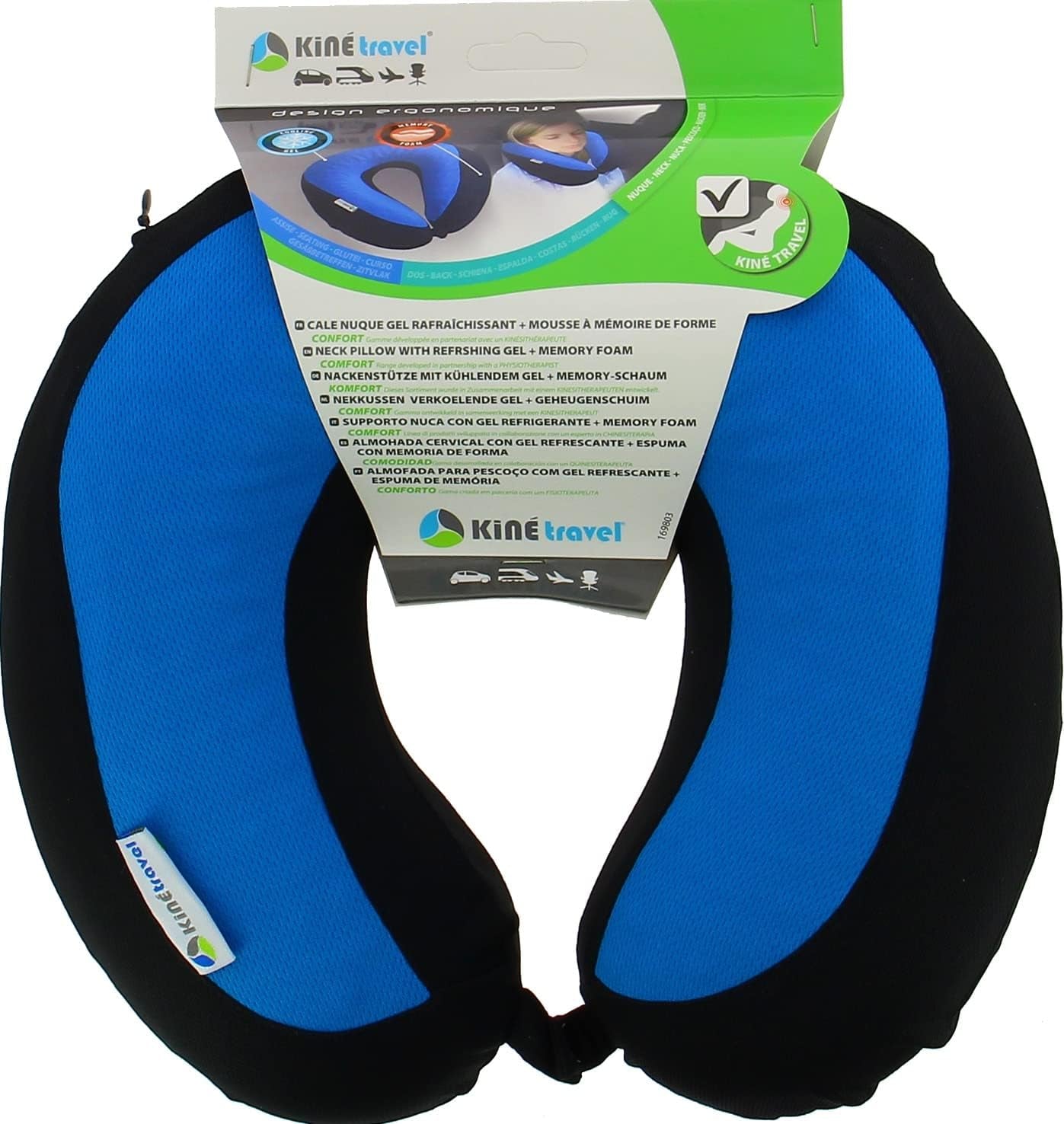 Kine Travel 169803 Cuscino per collo in gel Cuscino da viaggio ergonomico approvato dalla fisioterapia Cuscini da viaggio neri e blu Naty Shop