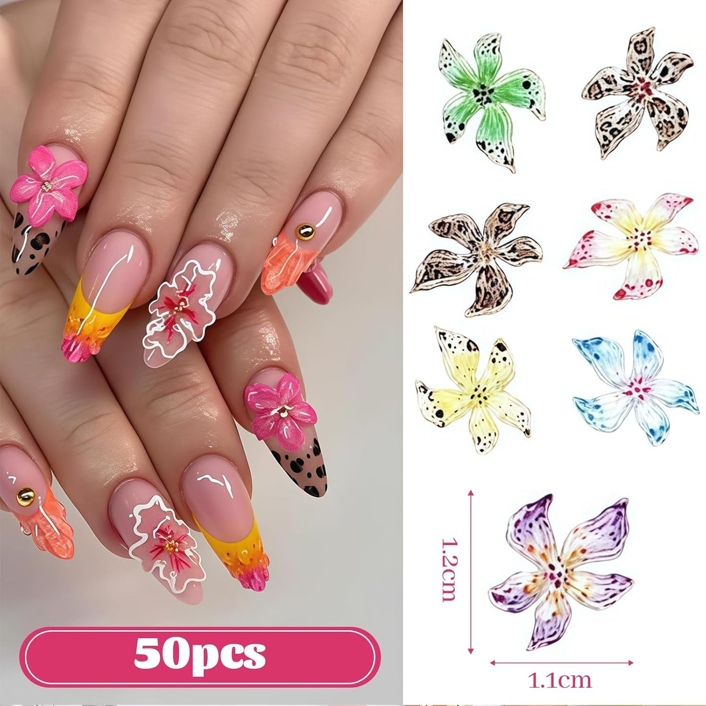Set di 50 ciondoli per unghie 3D Blume, accessori per unghie colorate, ciondoli per unghie e ciondoli artistici per unghie, perfetti per nail art, decorazioni per mani e design fai da te