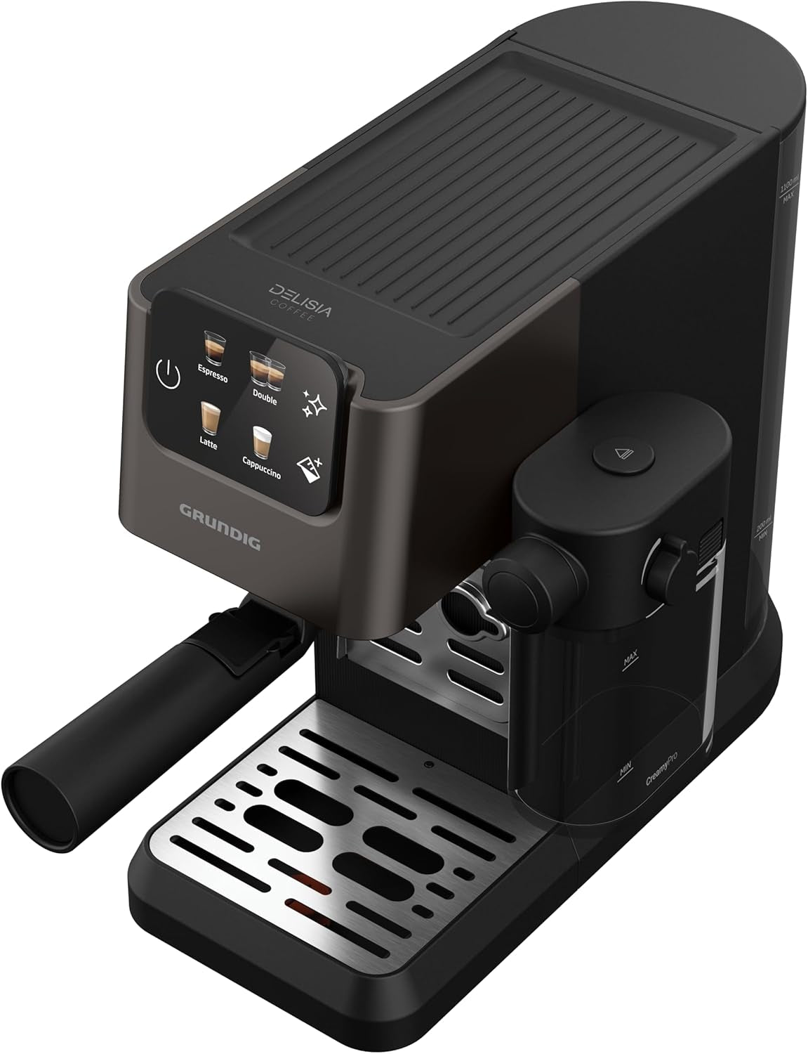 Macchina per caffè espresso portafiltro GRUNDIG KSM 5330 con contenitore del latte integrato, potenza 1628 W, pressione della pompa 15 bar, doppio ugello, display touch a colori, BrewSense, CreamyPro, Acciaio inossidabile scuro/Nero