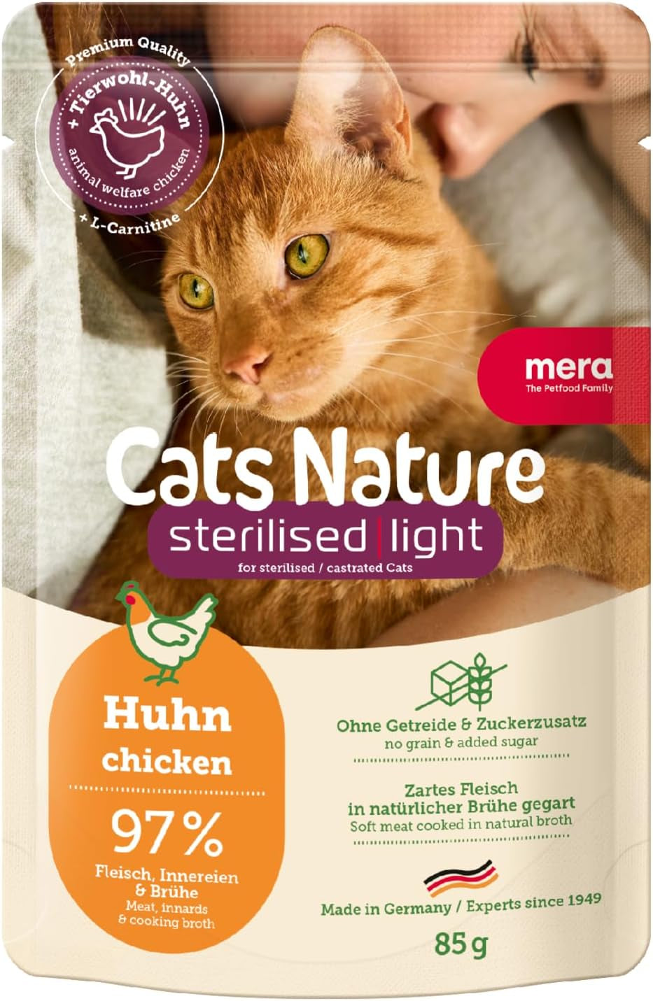 MERA Cats Nature Wet Sterilised/Light Pollo Cibo 12x85g | Per gatti sterilizzati/castrati | Senza zucchero e cereali | Alimento umido a basso contenuto di grassi e ad alto contenuto di carne